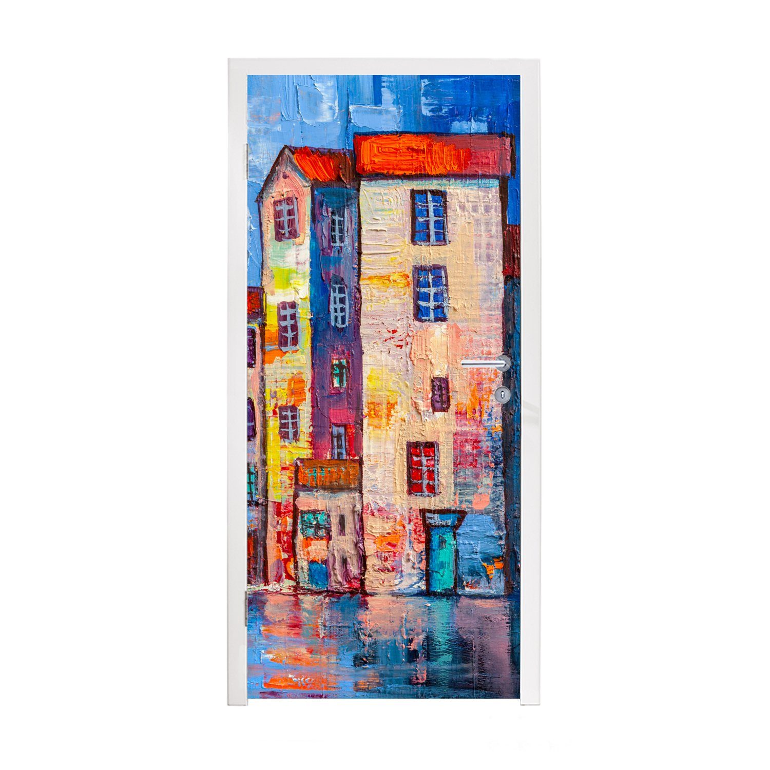 MuchoWow Türtapete Gemälde - Ölfarbe - Haus - Wasser, Matt, bedruckt, (1 St), Fototapete für Tür, Türaufkleber, 75x205 cm