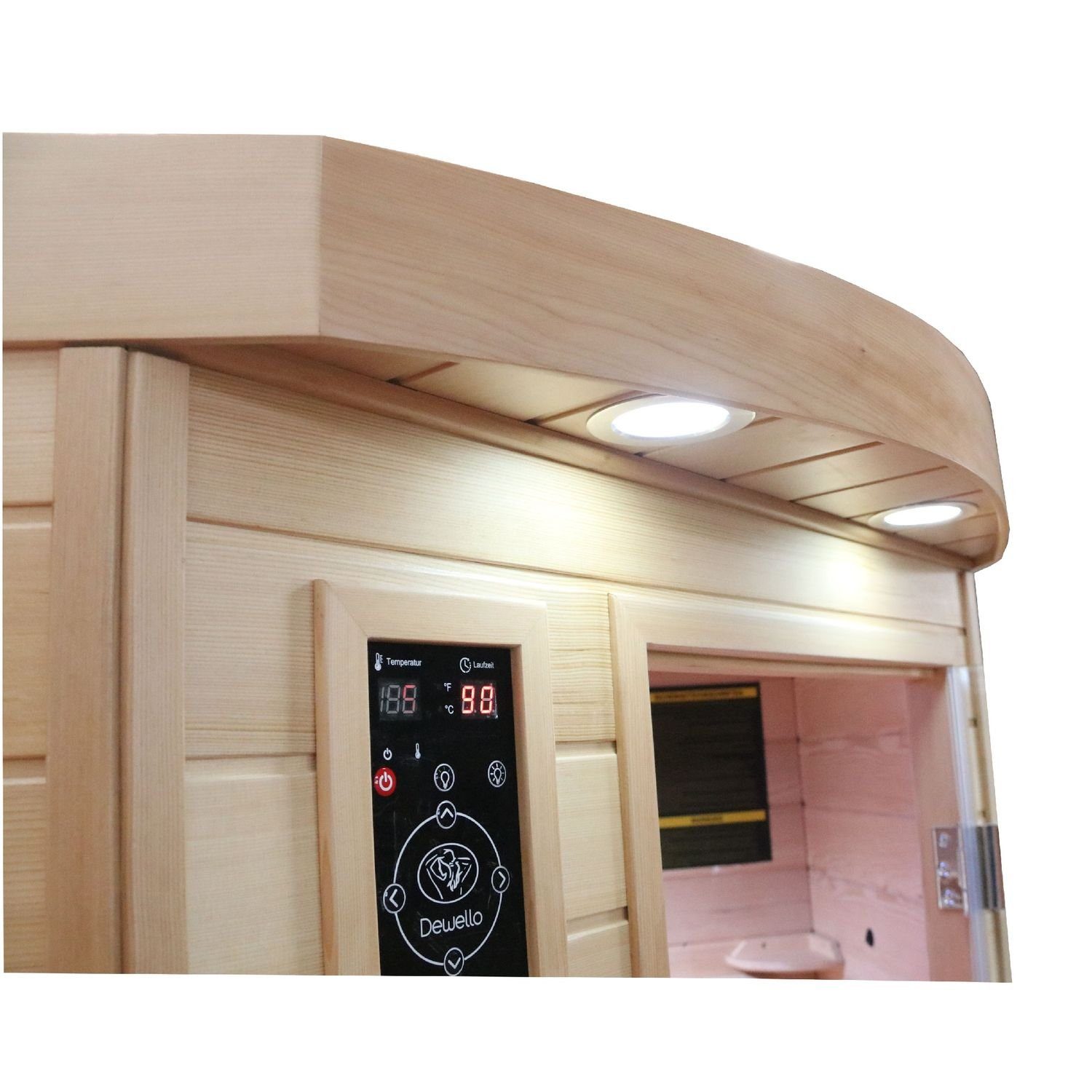 Dewello Infrarotkabine LAKEFIELD 140 Wärmekabine, bis zu 3 Personen, 5 Vollspektrumstrahler, BxTxH: 140 x 140 x 190 cm, (Farblichttherapie, Ionisator mit Ozondesinfektion und Aromatherapie, Multimedia und zusätzlich USB-Anschluss & Bluetooth möglich) Sauna aus Hemlock-Tannenholz, leichter Aufbau dank Stecksystem