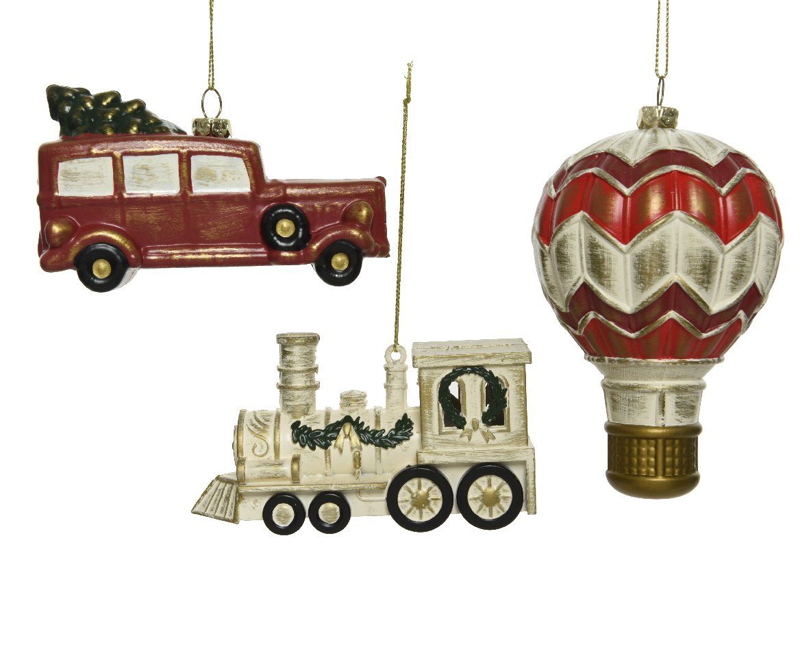 Decoris season decorations Christbaumschmuck, Christbaumschmuck Kunststoff Fahrzeuge 7cm rot / beige - 3er Set