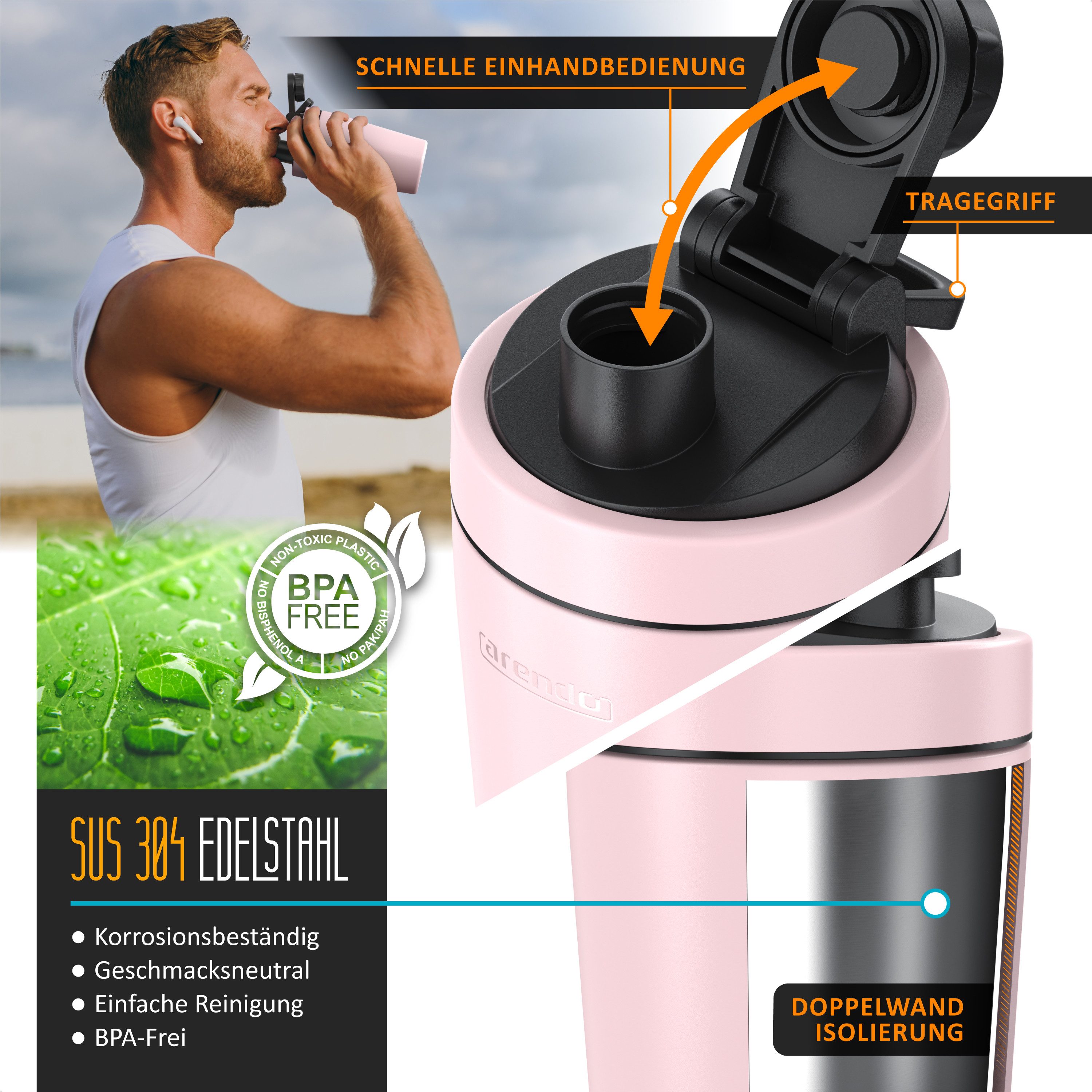 Arendo Protein Shaker Edelstahl Eiweißshaker 500 ml, verschließbar, bruchfest, BPA-frei, Edelstahl, auslaufsicher, spülmaschinengeeignet, mit Tragegriff und Mixball