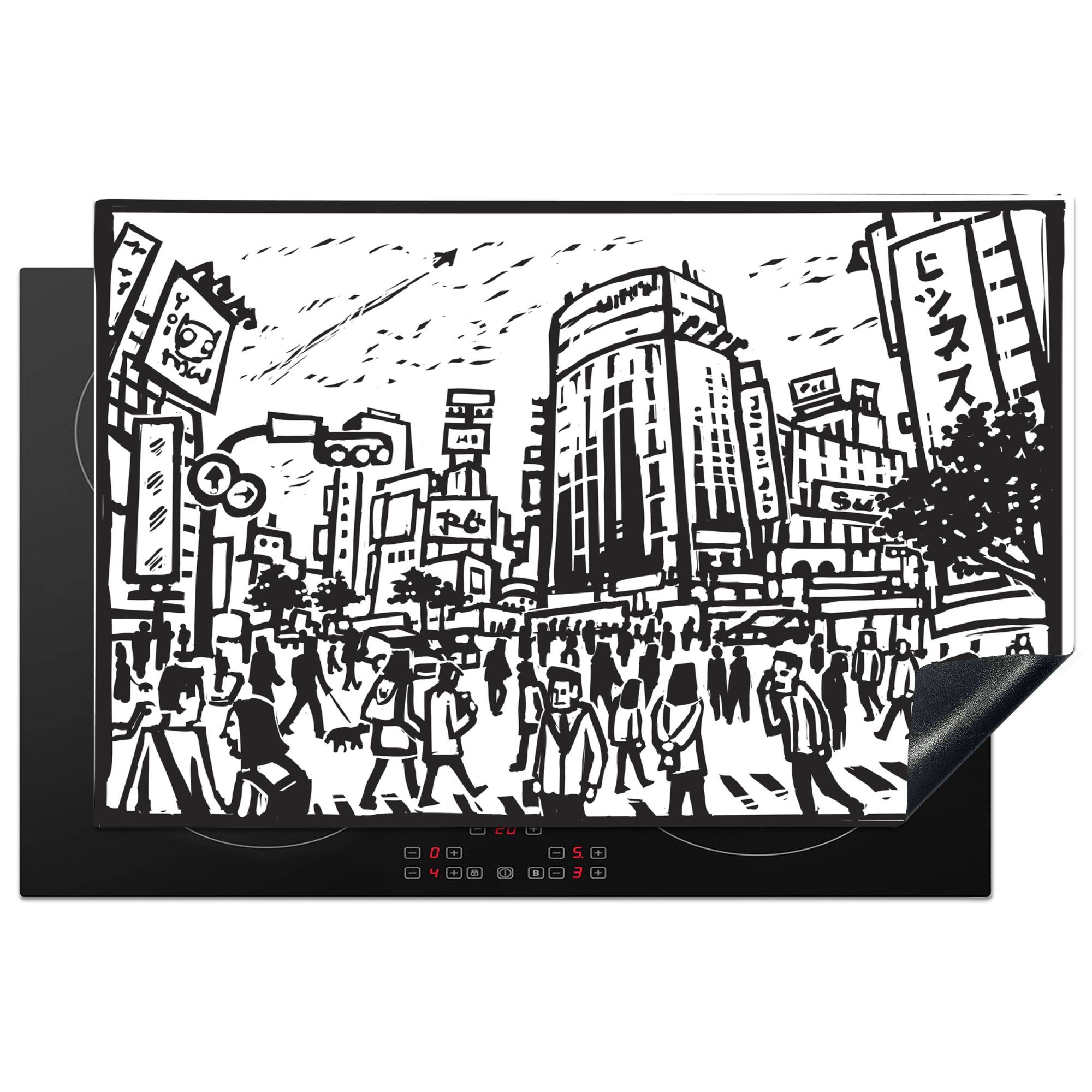 MuchoWow Herdblende-/Abdeckplatte Schwarz-Weiß-Abbildung von Shibuya in Tokio, Vinyl, (1 tlg), 81x52 cm, Induktionskochfeld Schutz für die küche, Ceranfeldabdeckung