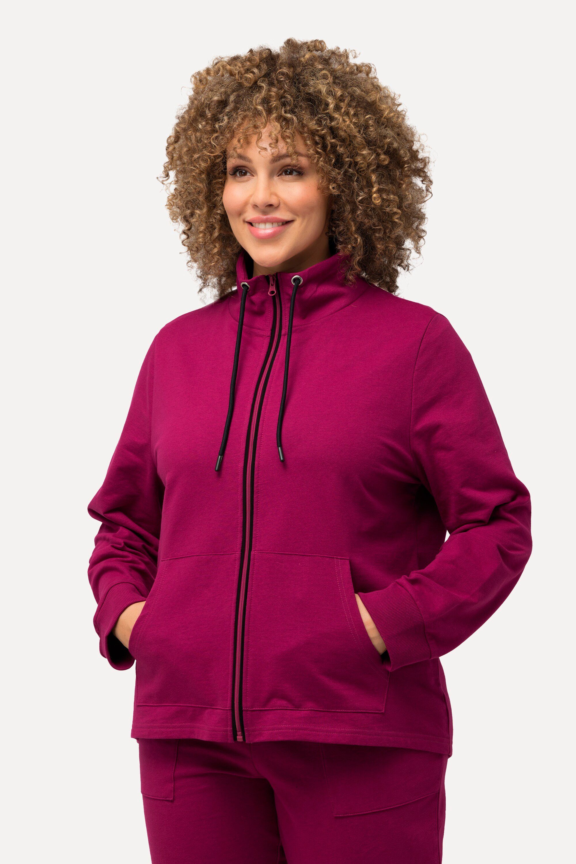 Ulla Popken Sweatjacke Sweatjacke Stehkragen Kängurutasche hinten länger magenta