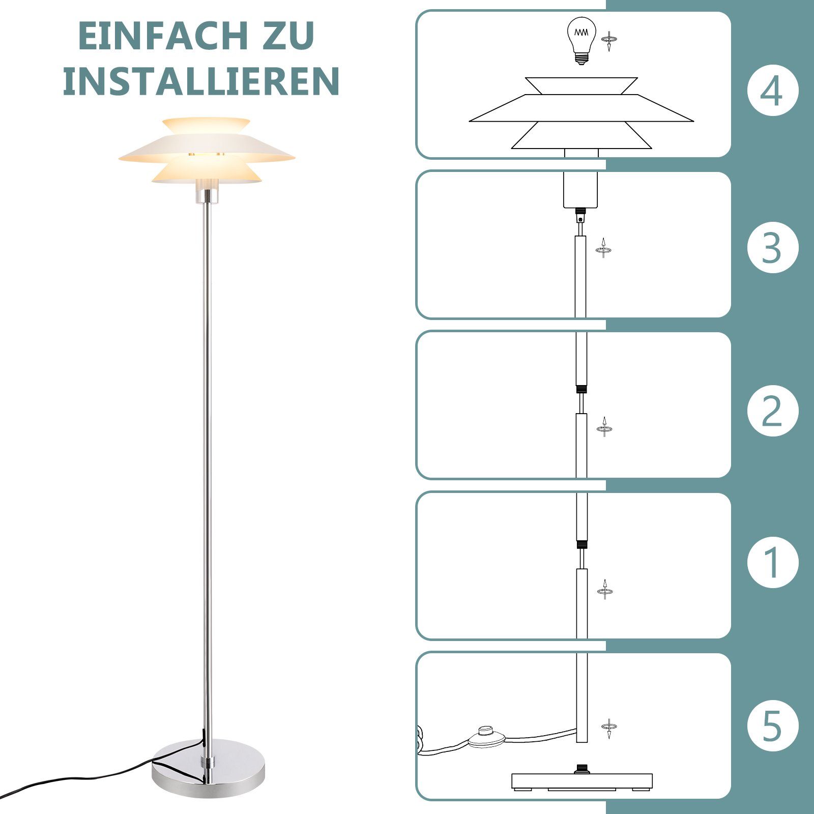 Nettlife Stehlampe Wohnzimmer Modern Schlafzimmer Büro Schwarz/Weiß Fußschalter, ‎Mit Standlampe E27 LED Metall, Arbeitszimmer für Stehleuchte wechselbar