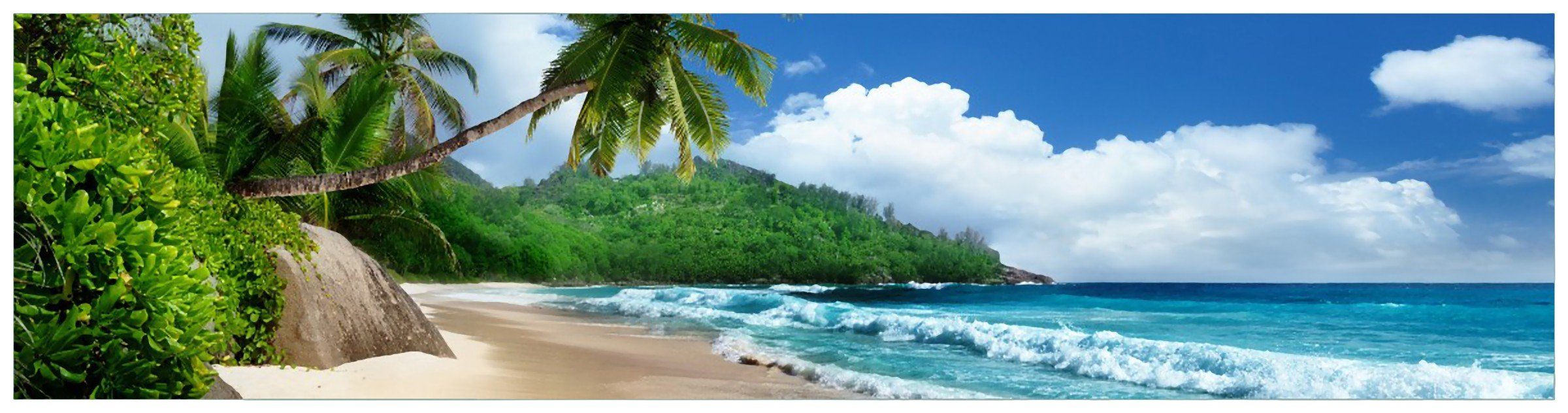 Wallario Küchenrückwand Urlaub auf den Seychellen unter Palmen am Sandstrand, (1-tlg)