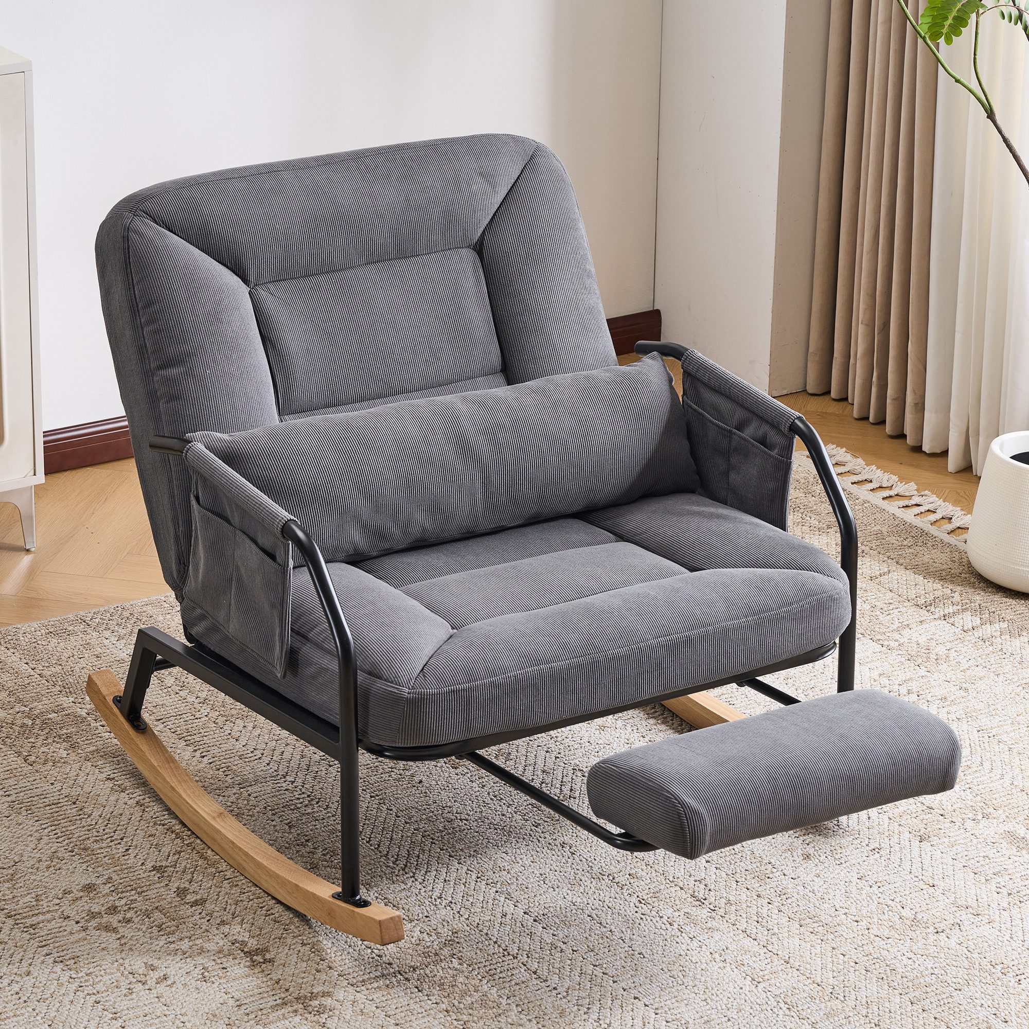 Bonzy Home Relaxsessel Schaukelstuhl mit Fußstütze, Verstellbarer Relaxsessel, mit Seitentaschen und Kissen, Tragfähigkeit 150 kg, 100°-160°