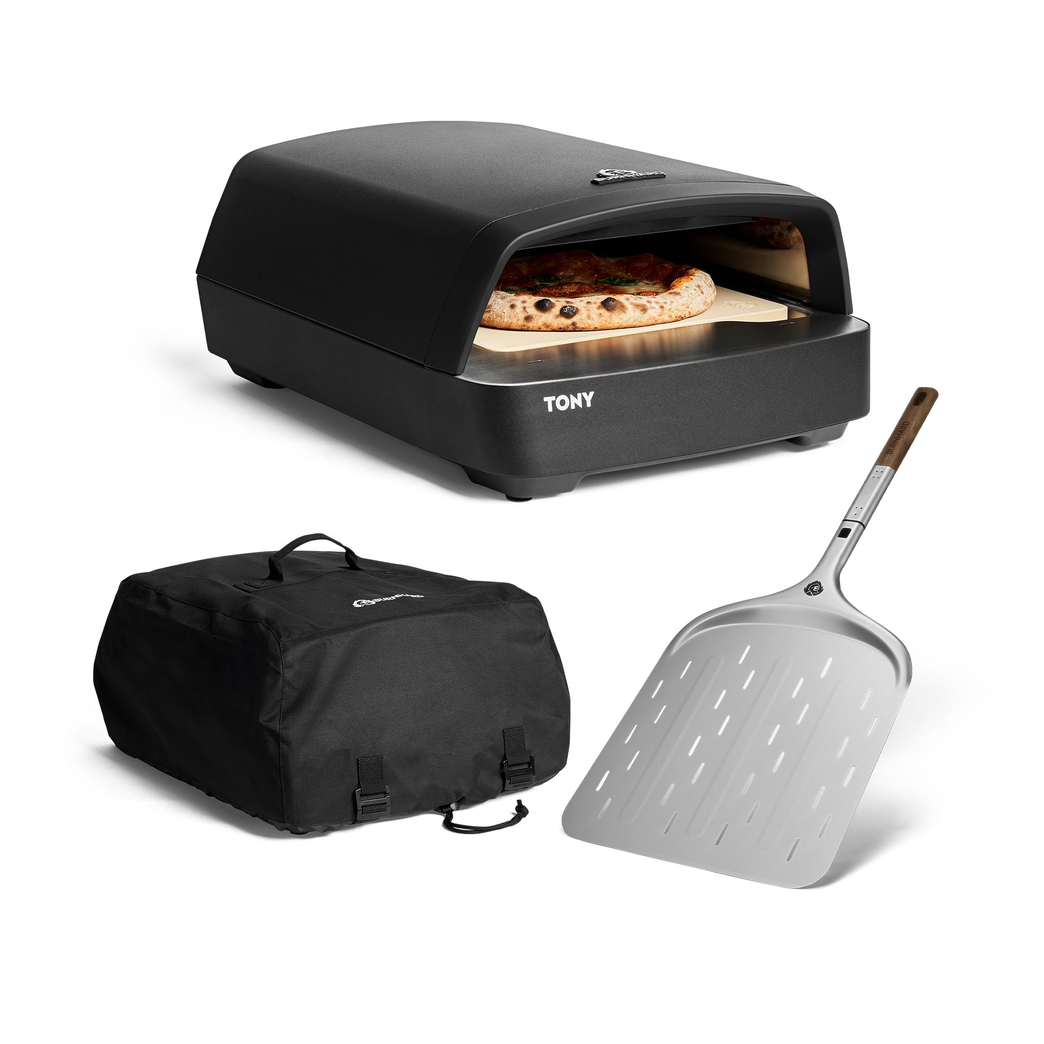 BURNHARD® Gas-Pizzaofen, Cordierit-Pizzastein 33 cm, inkl. Pizzaschieber & Abdeckhaube