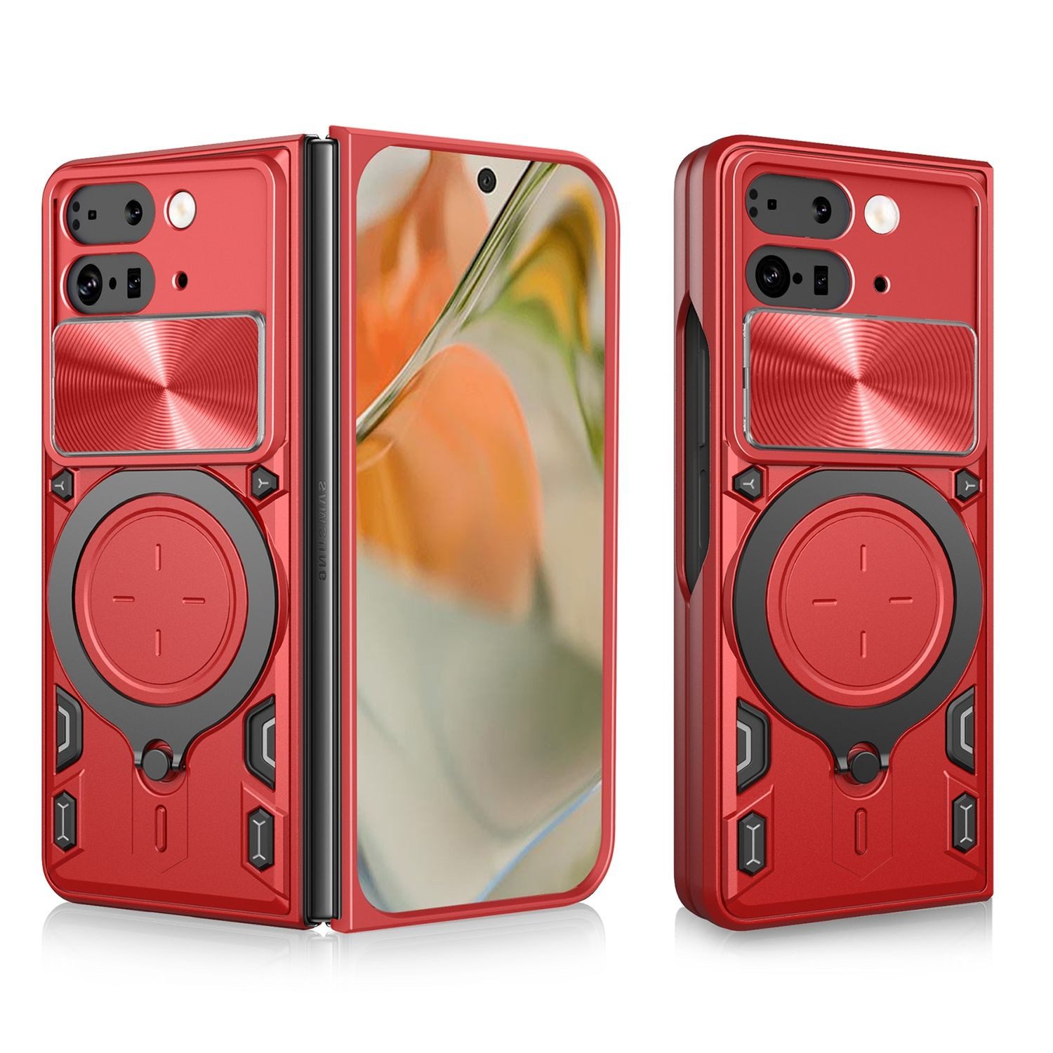 Wigento Handyhülle Für Google Pixel 9 Pro Fold Sliding Kamera Hybrid Ring Hülle Case Rot, CD Texture, Schiebekameraabdeckung, Magnetischer Halter