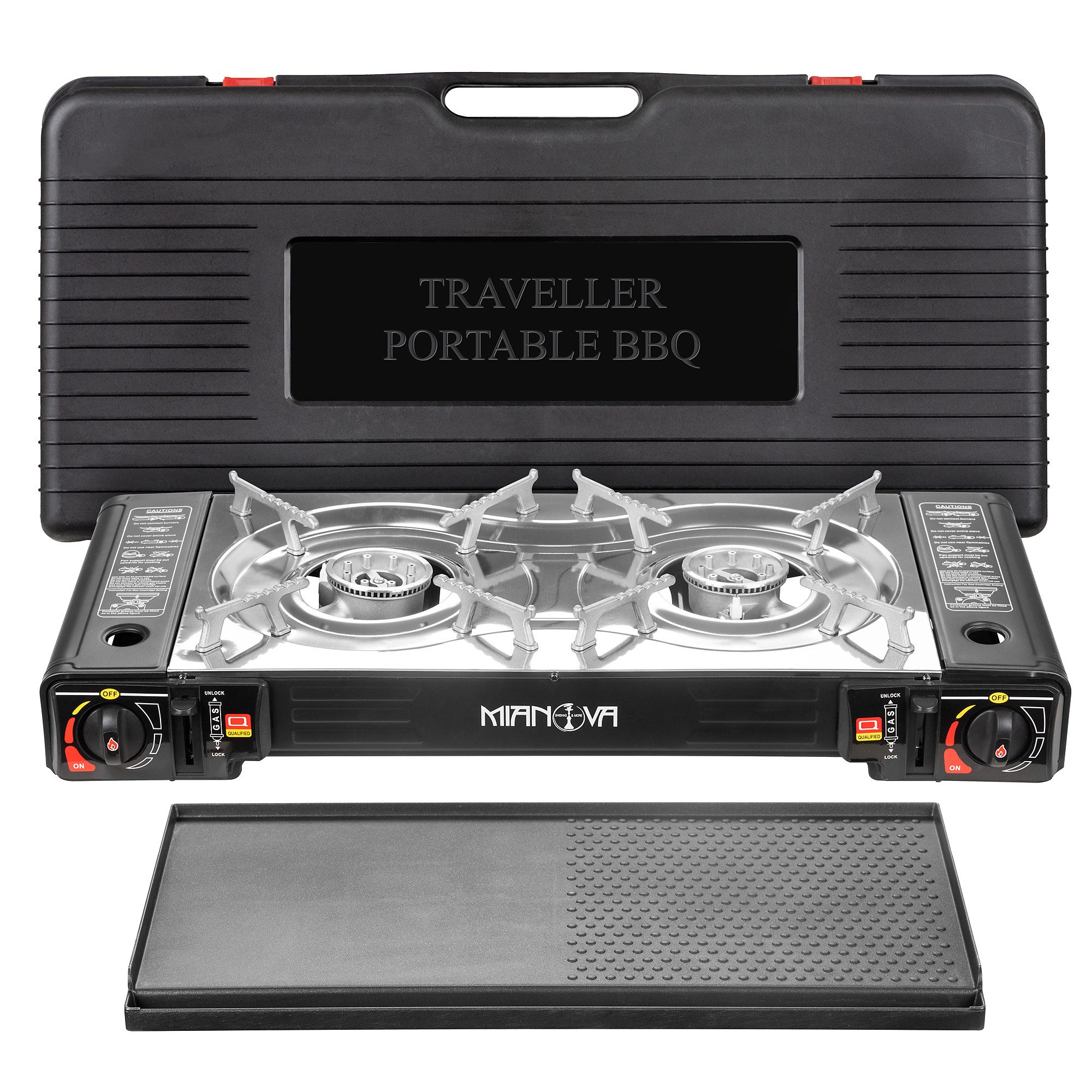 Mianova Gaskocher Camping Doppelgaskocher 2 flammig Grillplatte Koffer Piezozündung, (Mobiler Gaskocher 2-Flammig Outdoor Camping Festival Grill Мультиварки mit Grillplatte)