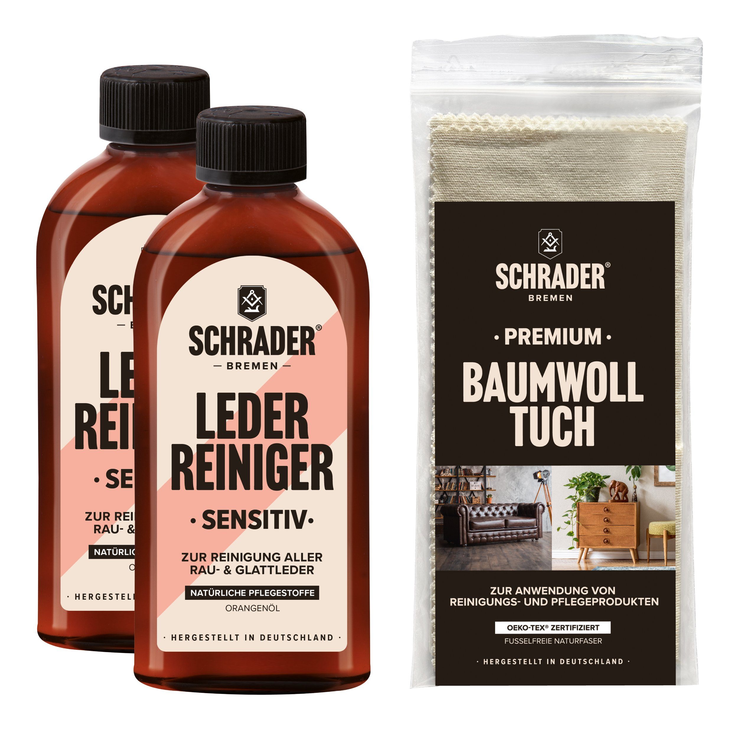 - Reiniger - Lederreinigung Lederarten Set Made - in 3-teilig & - Germany) Schrader - Lederkleidung und Poliertuch Ledermöbel Lederreiniger (für alle