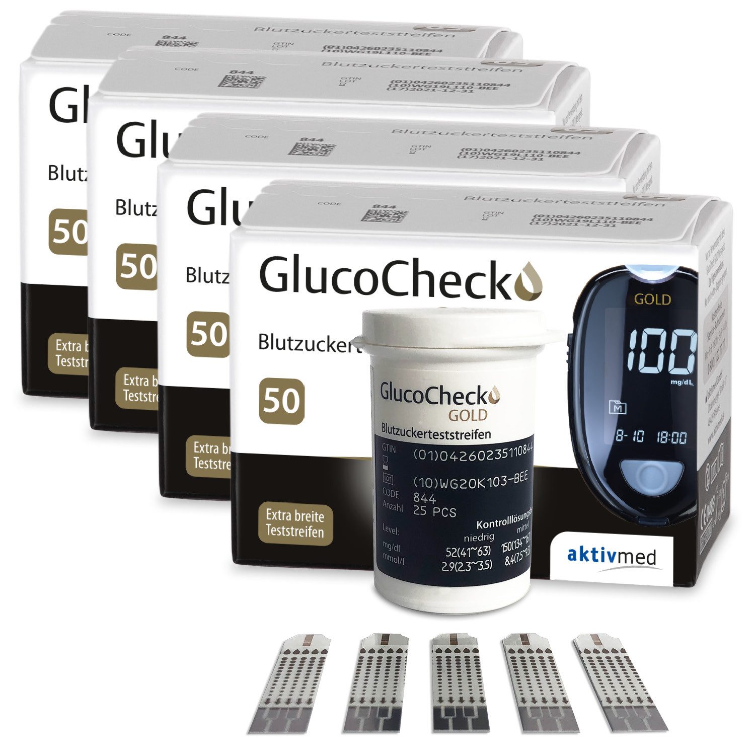 GlucoCheck Blutzucker-Teststreifen GlucoCheck GOLD Blutzuckerteststreifen, 200 Stück, 200-tlg.