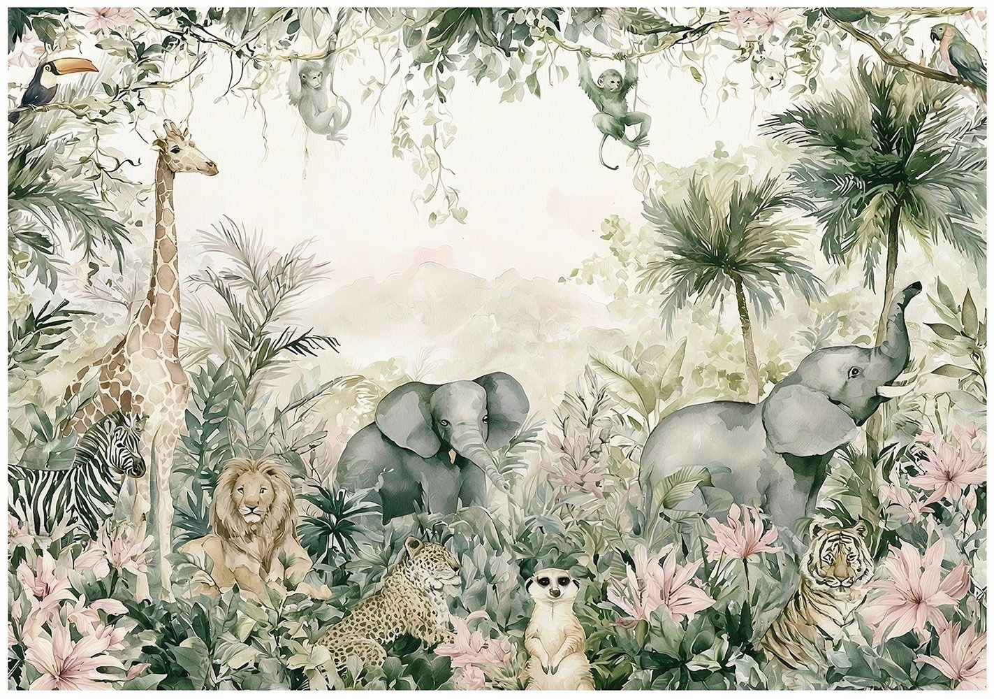 Wallarena Fototapete Dschungel mit Tieren und Wald in Grün aus Vlies für Kinderzimmer, glatt, floral, bedruckt, (3 St), Motivtapete 150x105cm