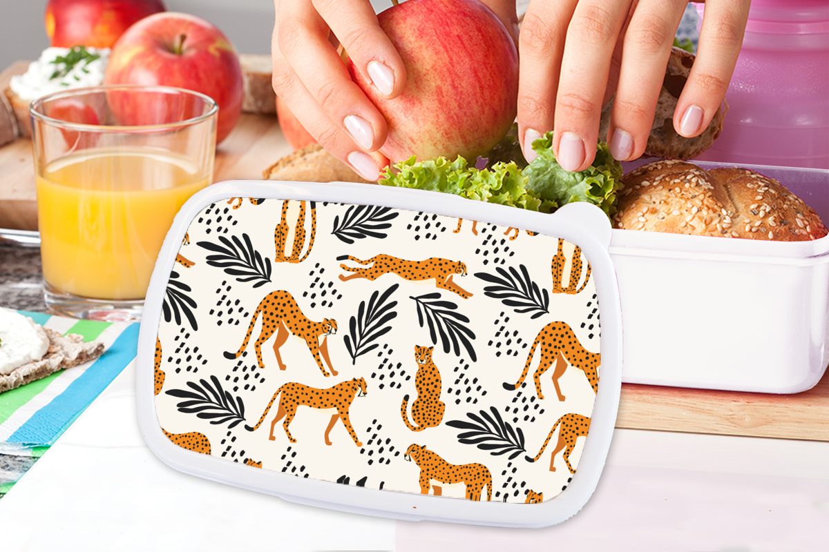 MuchoWow Lunchbox Muster - Leopard, für Kinder Mädchen und Jungs für Brotbox Erwachsene, und Kunststoff, (2-tlg), Brotdose, weiß