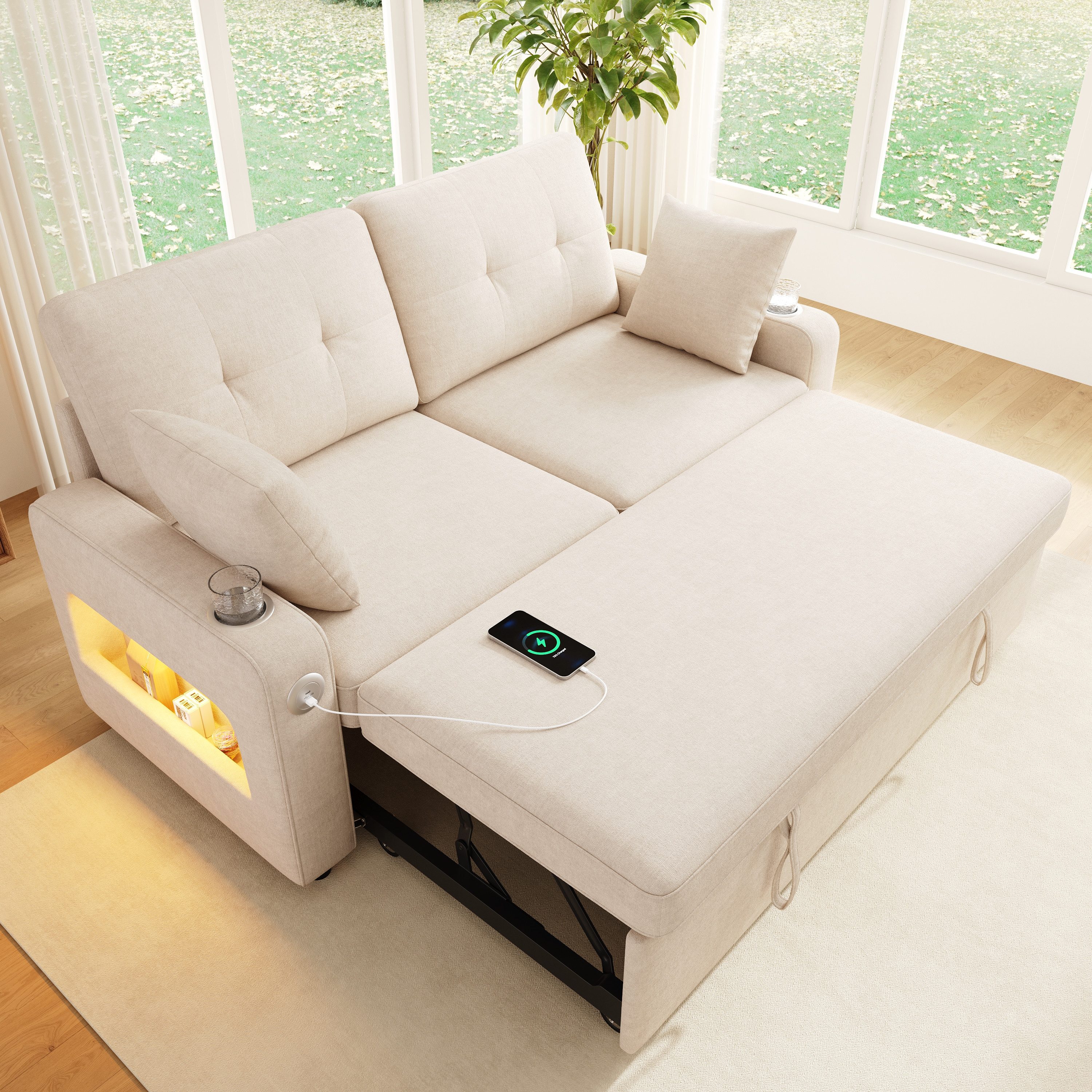 i@home 2-Sitzer Sofa mit Relaxfunktion, Doppelsofa,multifunktional Sofa für Wohnzimmer, Ausziehbares Sofa mit LED-Beleuchtung,2 Kissen, Kleines Sofa, Beige
