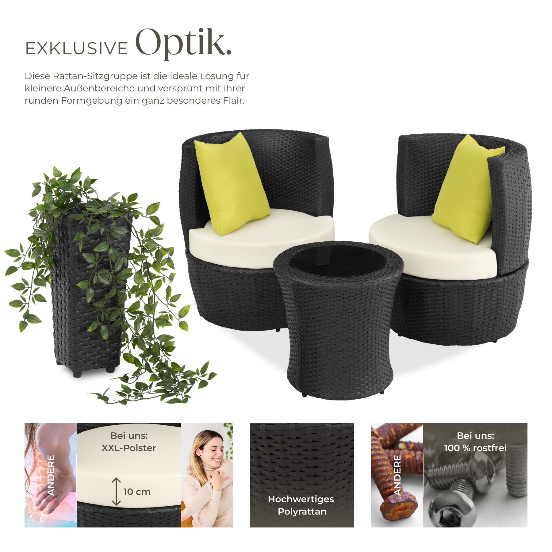 tectake Sitzgruppe Aluminium Rattan Gartenlounge, stapelbar, mit Sicherheitsglasplatte, (Loungeset Nizza, 4-tlg., für Außen in Schwarz), wetterfest und UV-beständig, gepolstert, inklusive Vase und Kissen