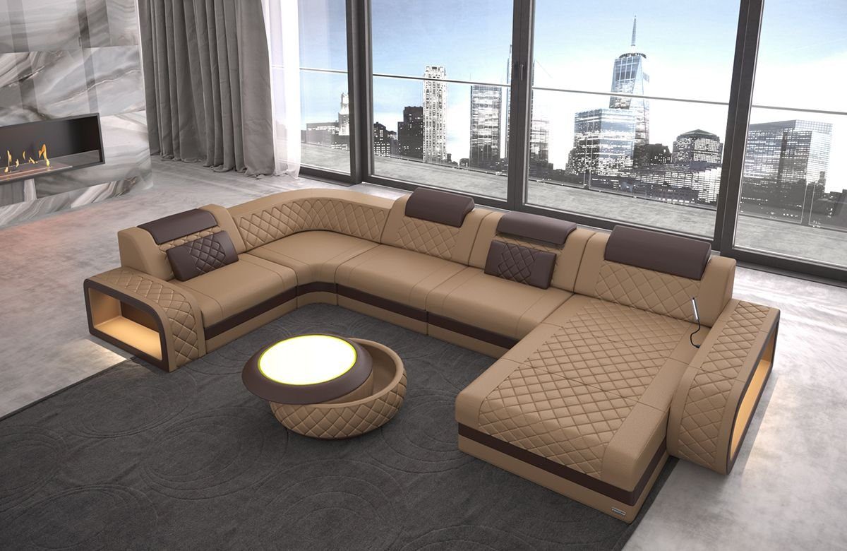 Sofa Dreams Wohnlandschaft Ledercouch Sofa Leder Berlin U Form Ledersofa, Couch, mit LED, wahlweise mit Bettfunktion als Schlafsofa, Designersofa