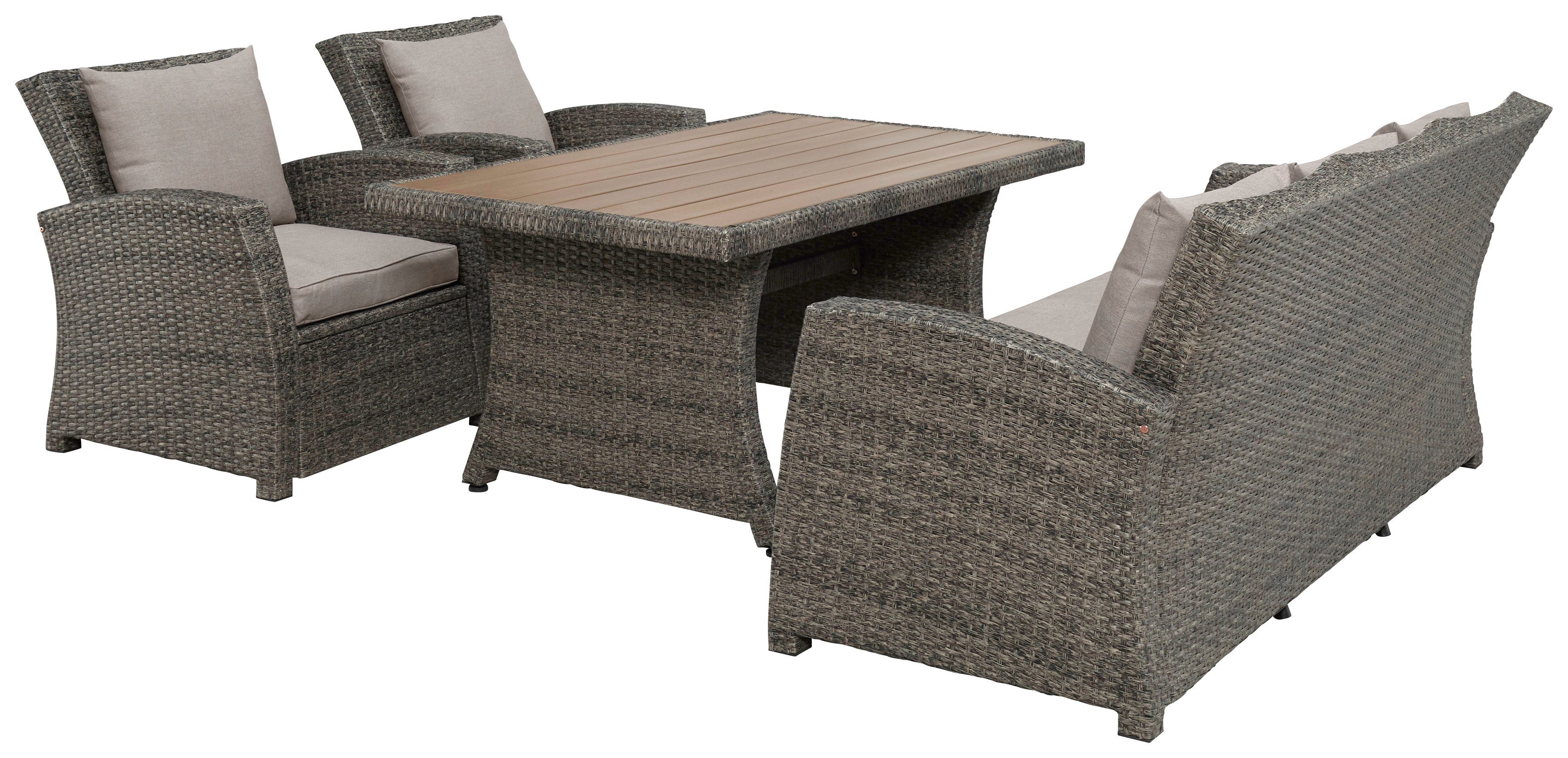 KONIFERA Gartenlounge-Set Siros, (Set, 12-tlg., 1x 3er Sofa, 2x Sessel, 1x Tisch 135x82x65cm, inkl. Auflagen), Polyrattan, Stahl, Tischplatte aus Nonwood, geeignet für 5 Personen