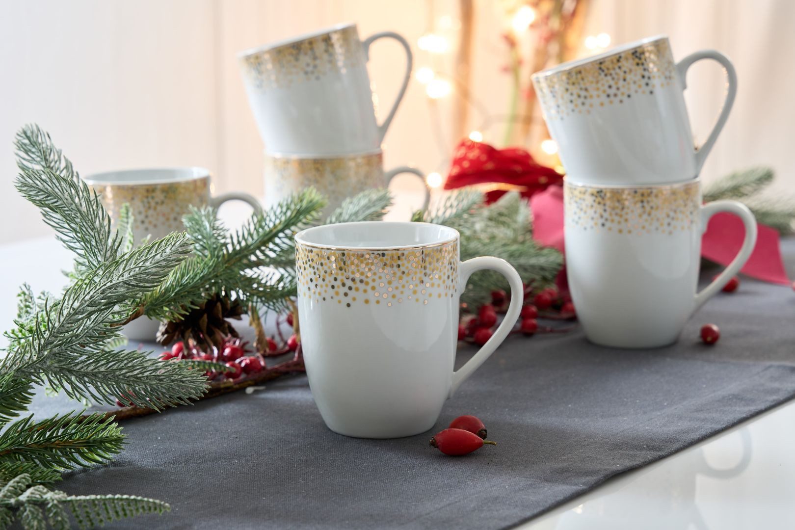 Retsch Arzberg Becher DUSTY, 6-teiliges Becher-Set für 6 Personen, je 340 ml, 6-tlg., Porzellan, dezentes Dekor auf schlichtem Weiß