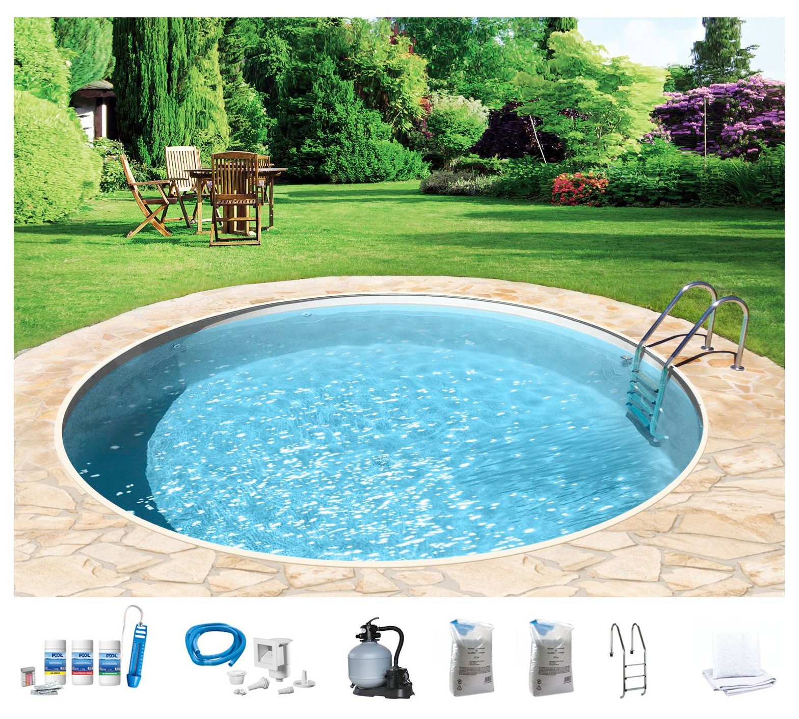 Rundpool mit sandfarbener Folie für den Karibik Look