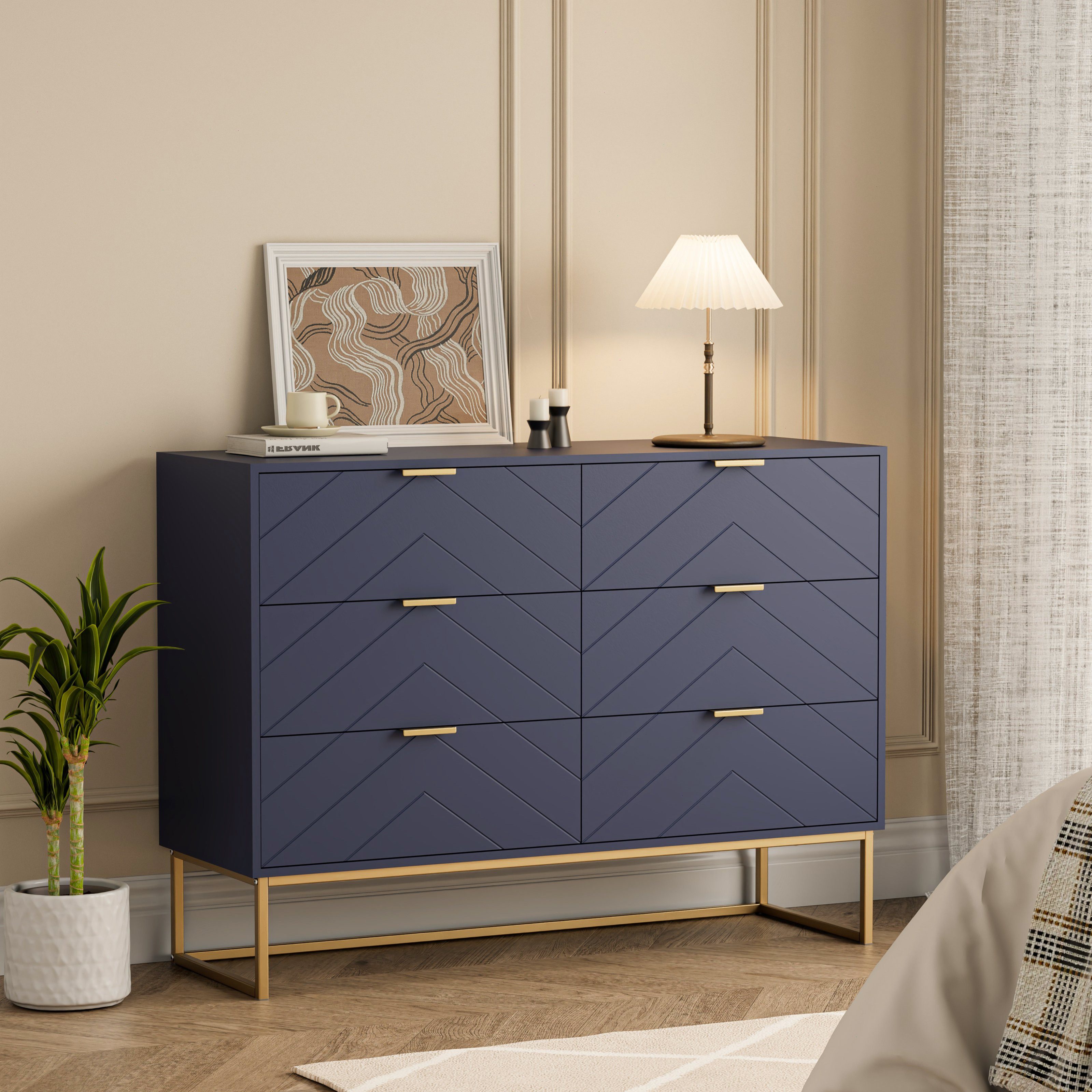 UEV Sideboard mit 6 Schubladen, Highboard Mehrzweckschrank mit Kisppschutz (für Wohnzimmer Schlafzimmer Büro Flur, 100x34x73,5cm), Küchenschrank Buffet TV Board Schrank mit Füße Aufbewahrungsschrank