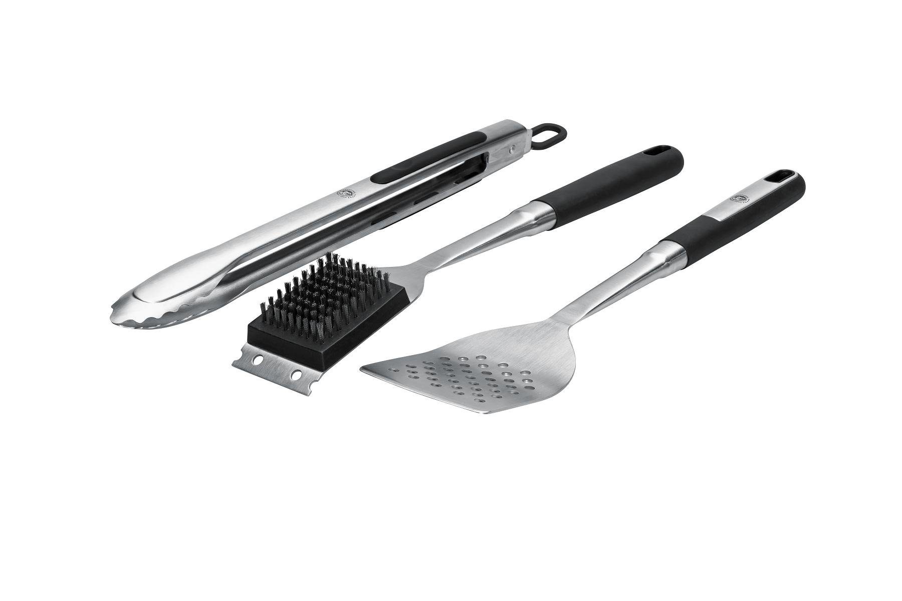 CHEF CUISINE International Grillbesteck-Set BBQ 3er Set Wender / Zange / Bürste Edelstahl, (3 tlg)