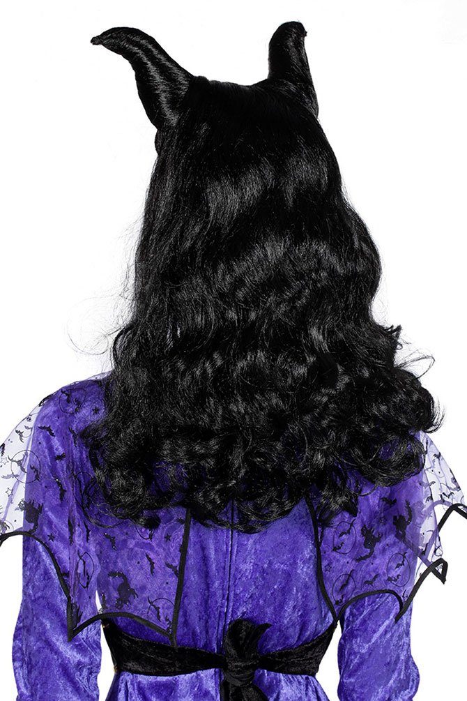 Karneval-Klamotten Kostüm Maleficent Hörner Horn Perücke Damen Halloween, Maleficient Perücke schwarz böse dunkle Fee Horror Halloweenperücke