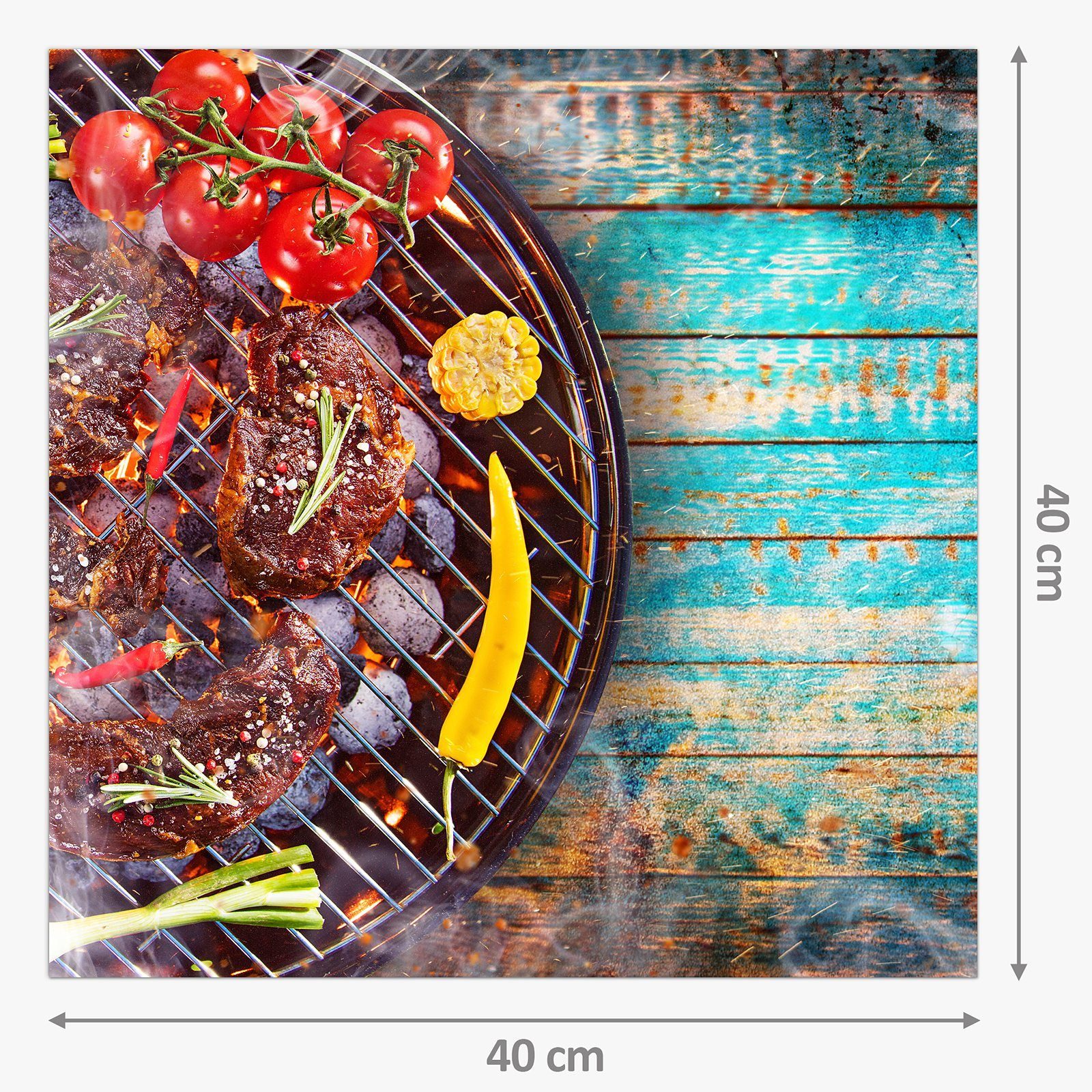 Küchenrückwand Spritzschutz Primedeco Motiv Glas mit Fleisch Küchenrückwand auf Grill