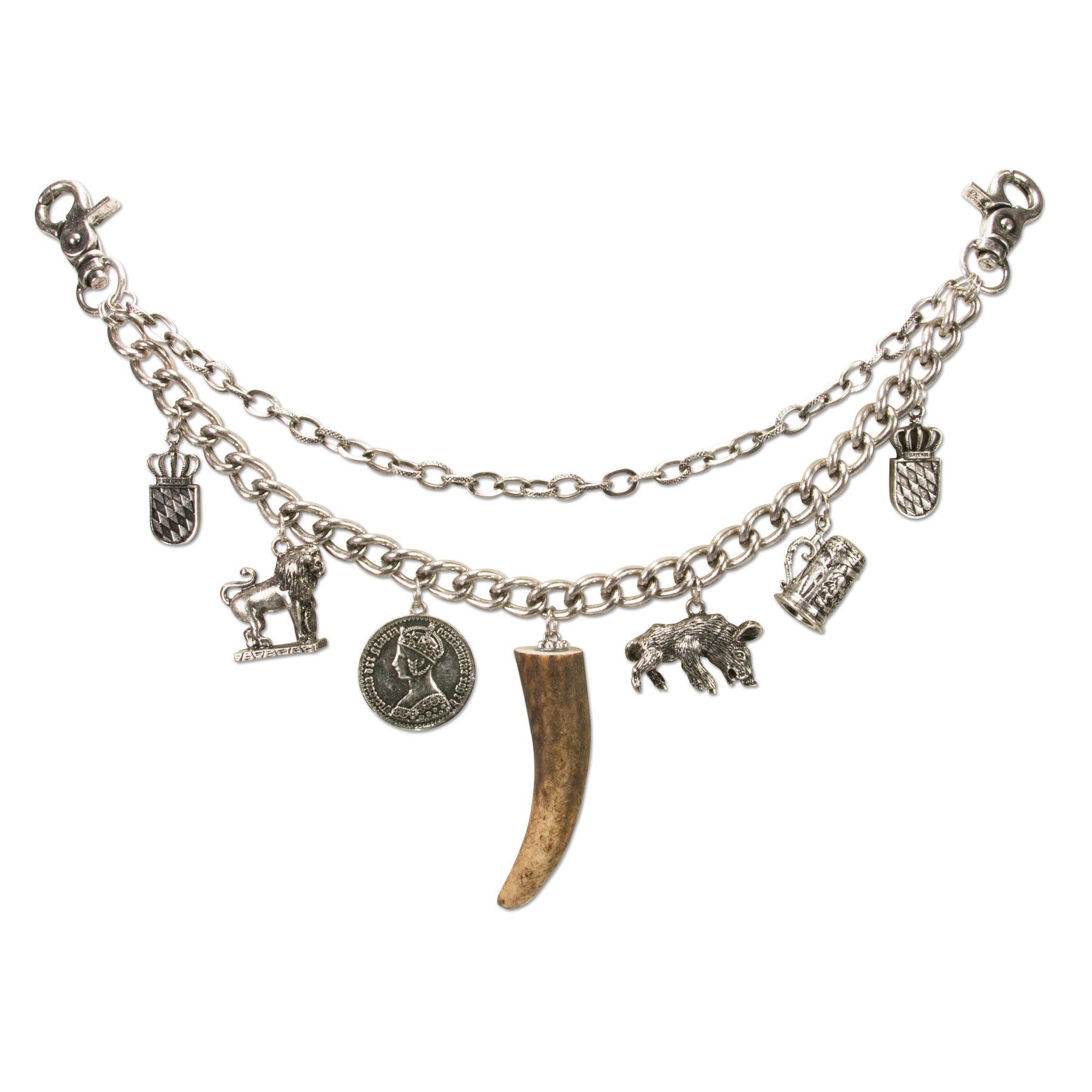 Alpenflüstern Kette mit Anhänger Trachten-Charivari Gustl (antik-silber-farben), - Hochwertiger Herren-Trachtenschmuck mit Trophäen-Anhängern für die L