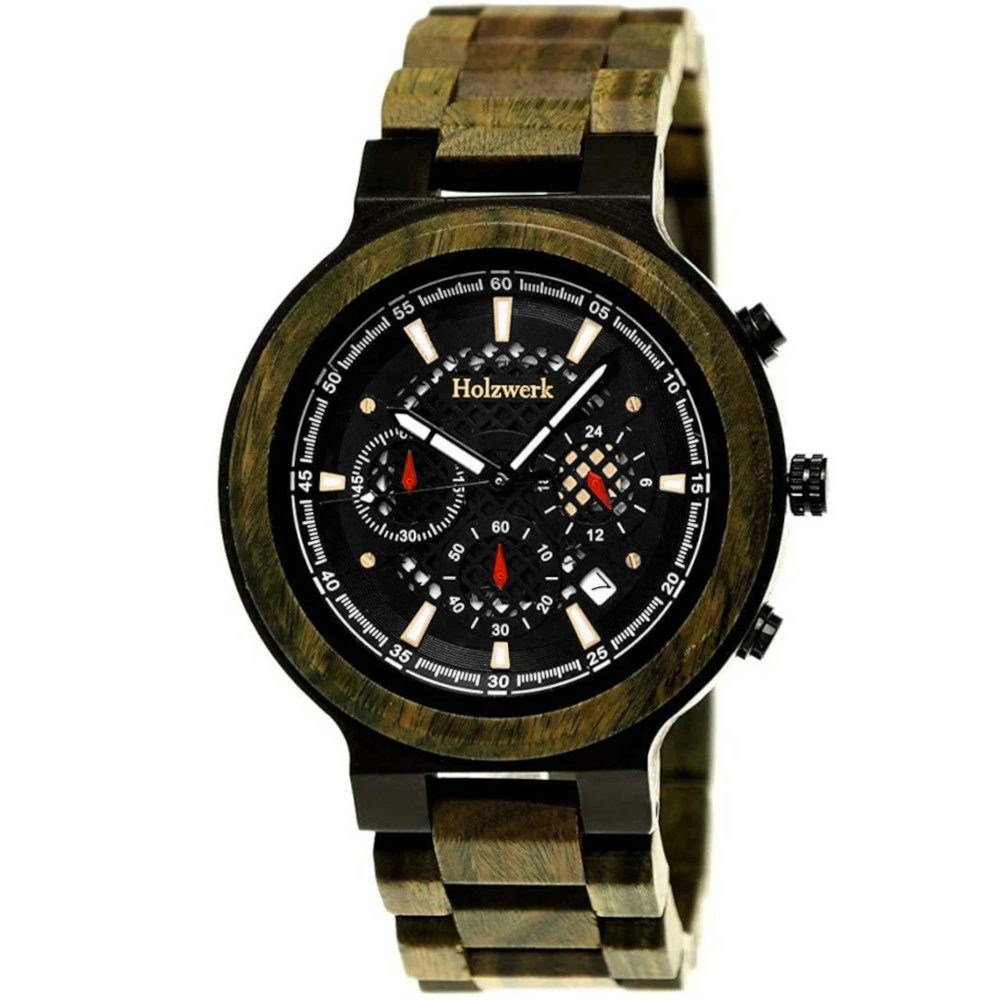 Chronograph BALINGEN Herren Holz Armband Uhr mit Datum in oliv grün, schwarz