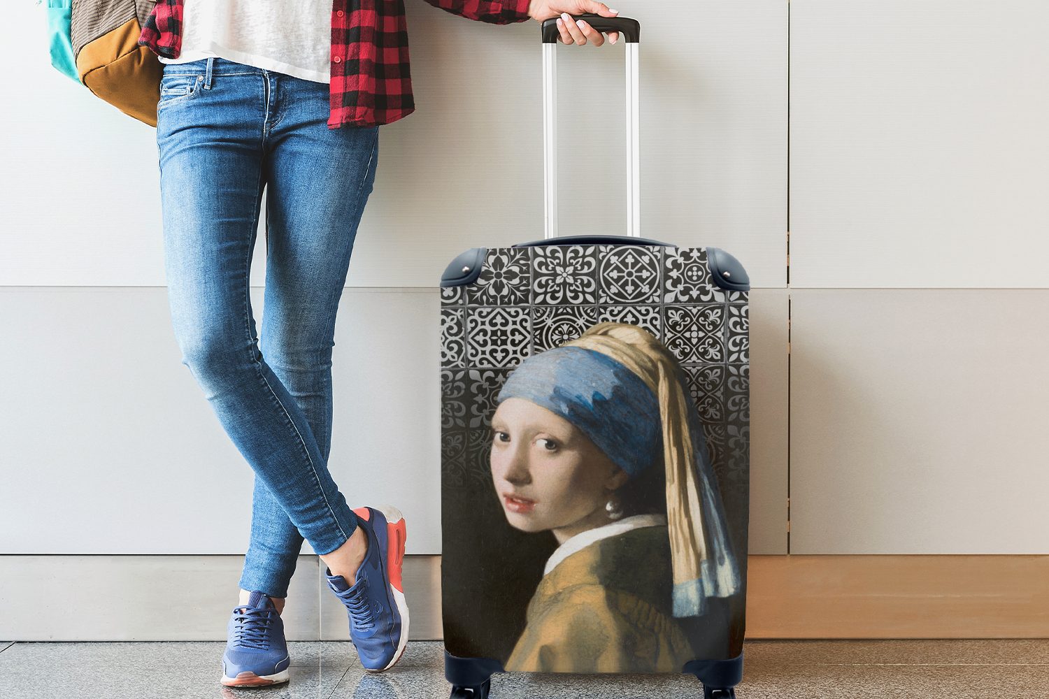 Perlenohrring mit für 4 mit Reisekoffer Handgepäckkoffer Mädchen - - MuchoWow Reisetasche Rollen, Blau, Trolley, rollen, Ferien, Vermeer Handgepäck Johannes Delfter