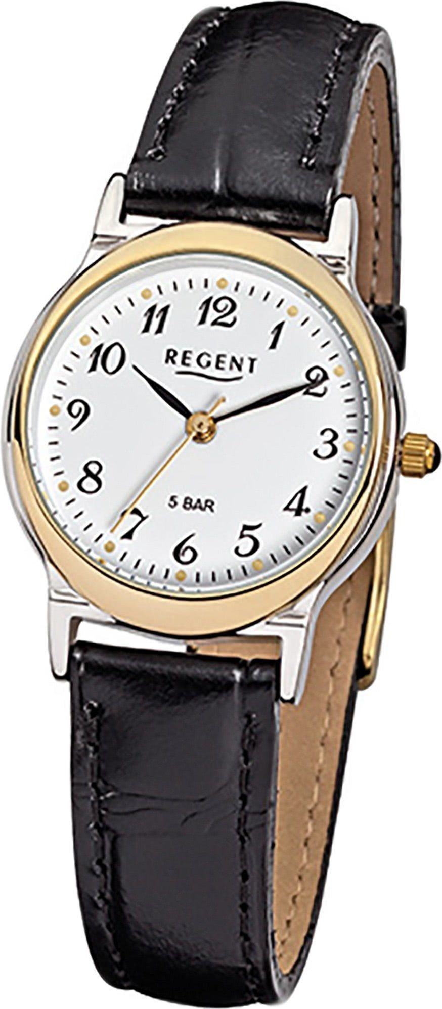 Regent Quarzuhr Regent Leder Damen Uhr F-014 Quarzuhr, Damenuhr Lederarmband schwarz, rundes Gehäuse, klein (ca. 27mm)