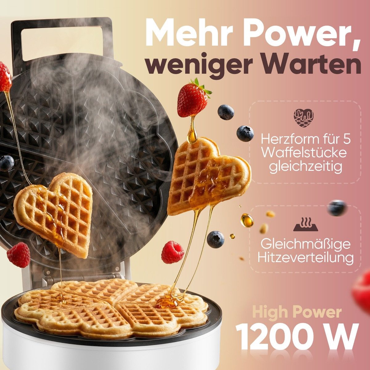 CLATRONIC Waffeleisen WA 3832, Waffeleisen Herzform, Antihaftbeschichtung, 1200W
