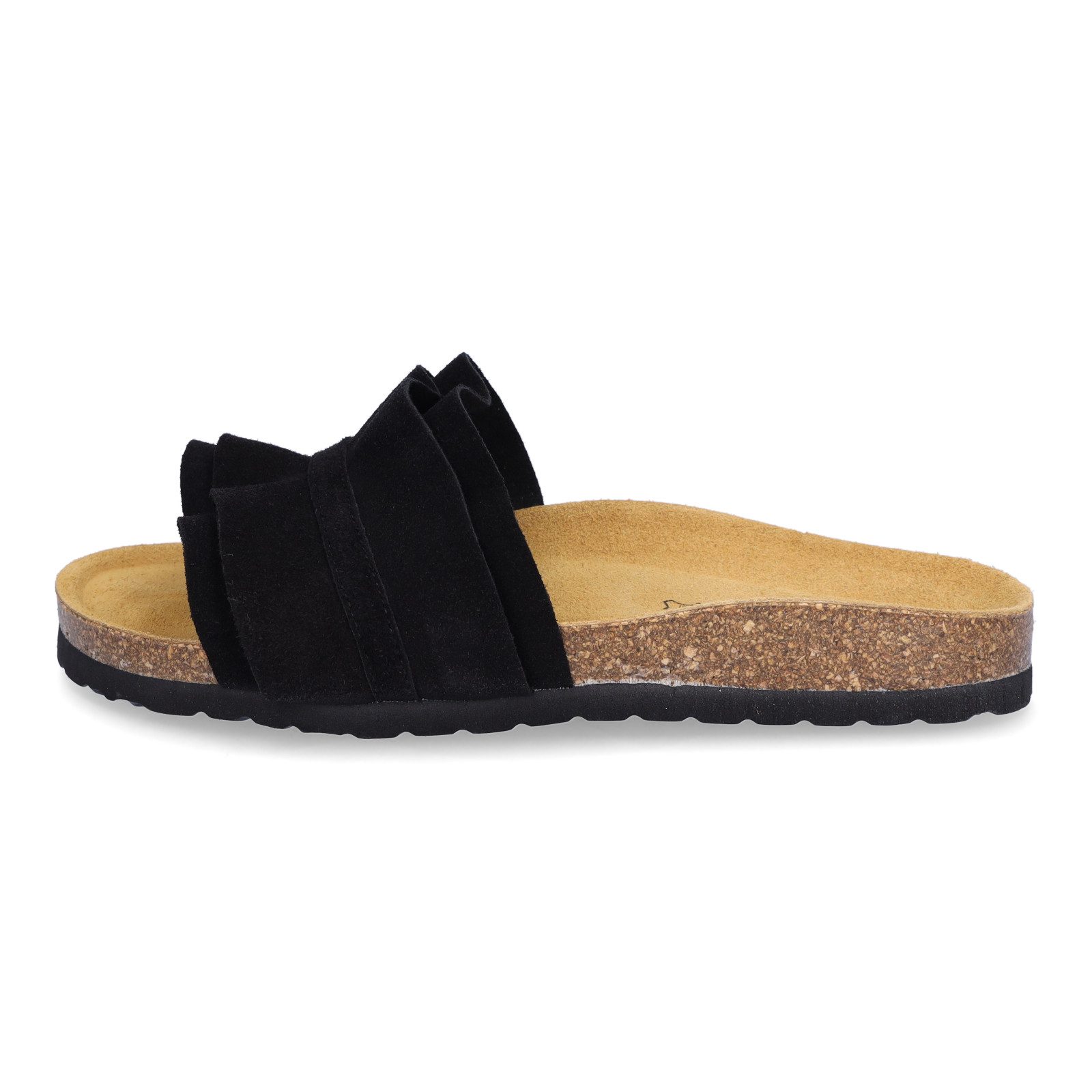 MIDS MIRABEL Damen Pantolette schwarz aus Velourleder mit Rüschenriemen, Lederfußbett & Korksohle