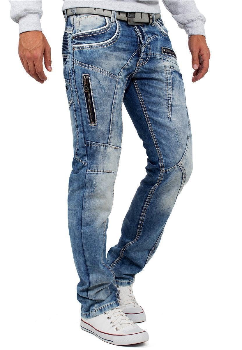 Cipo & Baxx Regular-fit-Jeans Herren Regular Fit Hose Stonewashed BA-C1150 (1-tlg) mit auffälligen Verzierungen und dicke Kontrastnähte