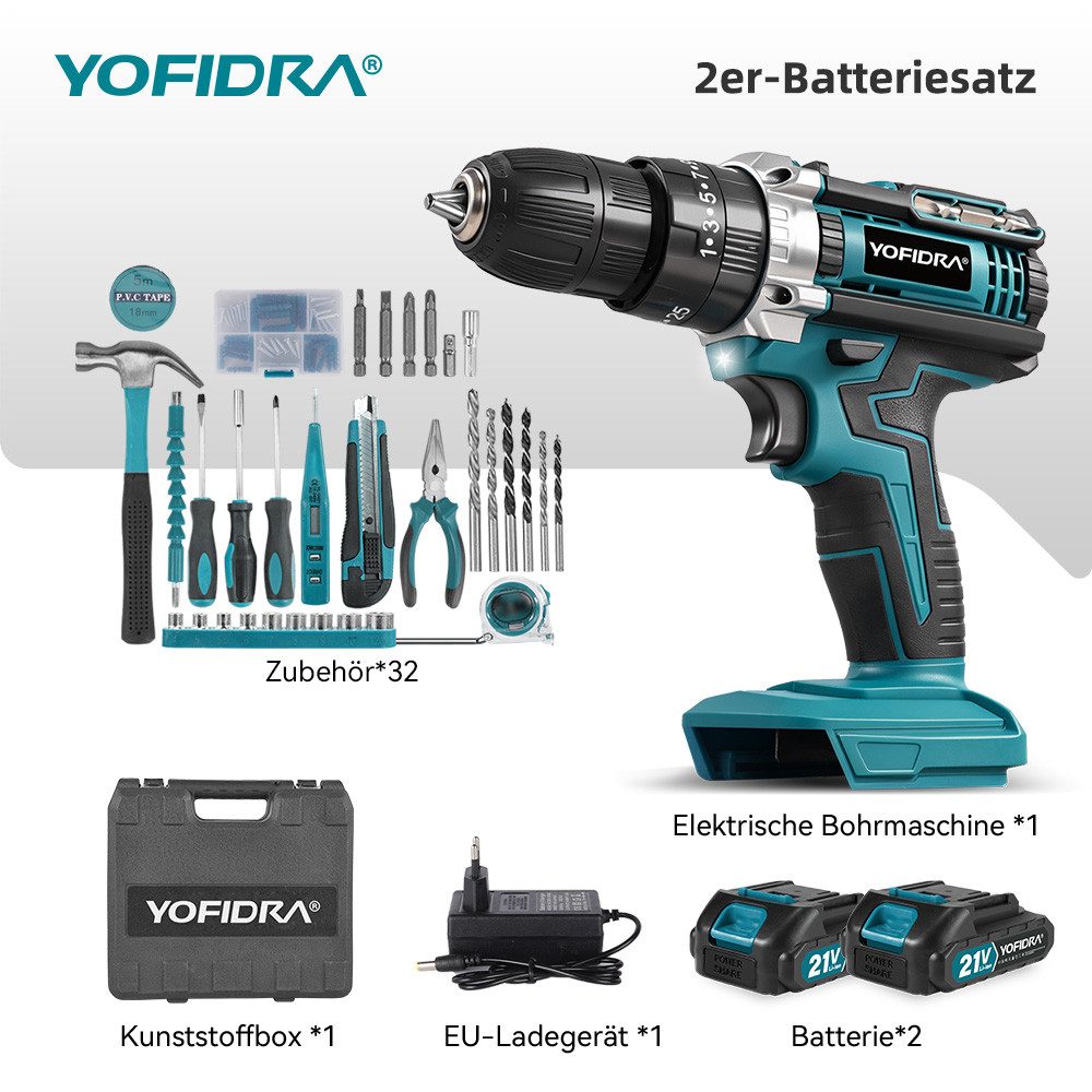 Yofidra Akku-Bohrschrauber 21V Akkuschrauber Set 60Nm Akku Bohrmaschine mit 2 x Akkus, max. 1600 U/min, 25+3 Drehmomentstufen, 1600 RPM(2-Gang), 10mm Bohrfutter