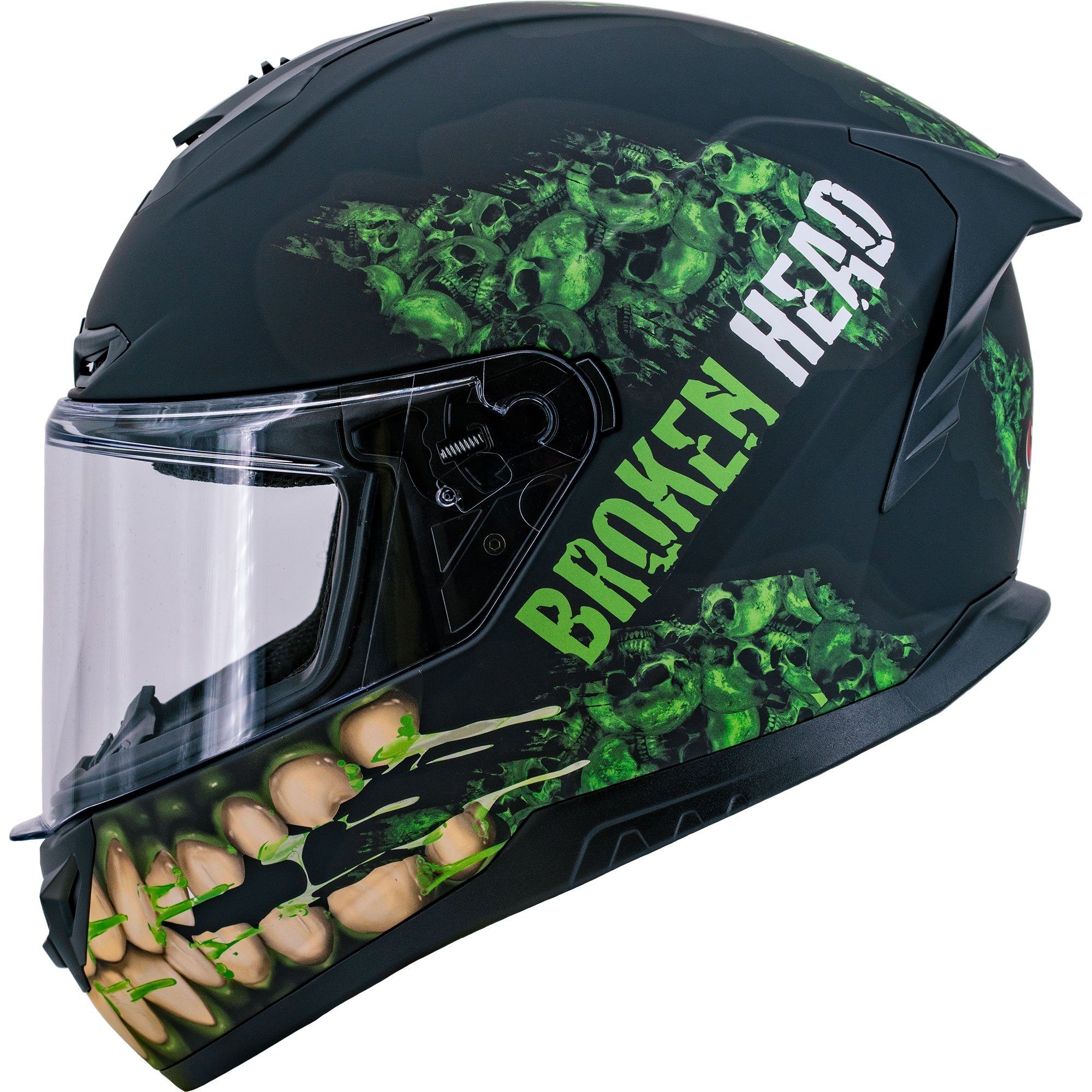 Broken Head Motorradhelm Broken Head Integralhelm Broken Skull Green Grinder, Aggressiver Stil!