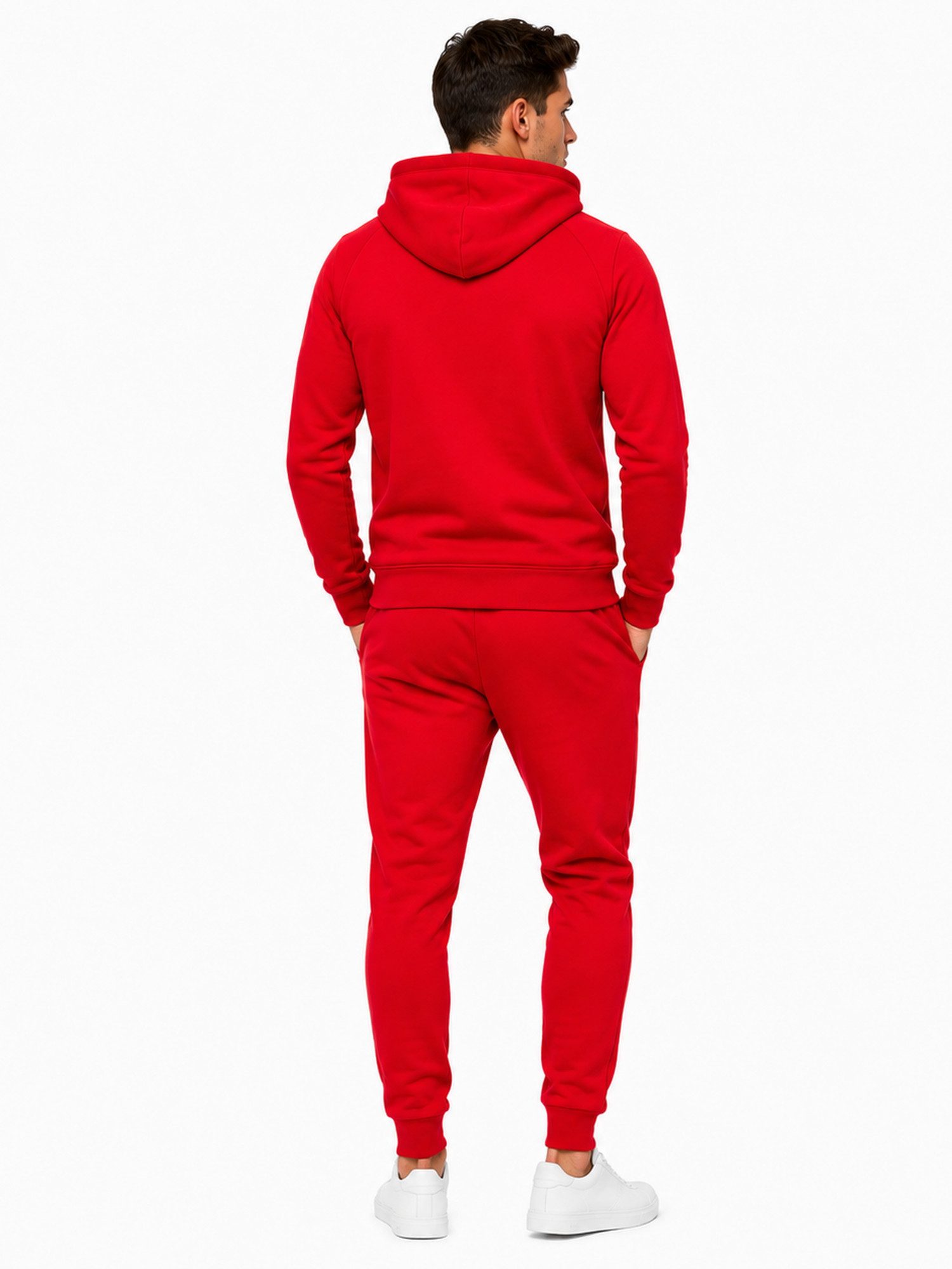 L.gonline Freizeitanzug Herren Jogginganzug einfarbig 100% BW 586 Rot L (Kapuzenjacke mit Reißverschluss, Hose, 2-tlg), Fitness Freizeit Casual
