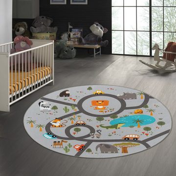 Kinderteppich Rutschfester Kinder-Straßenteppich mit Tieren grau, TeppichHome24, rechteckig