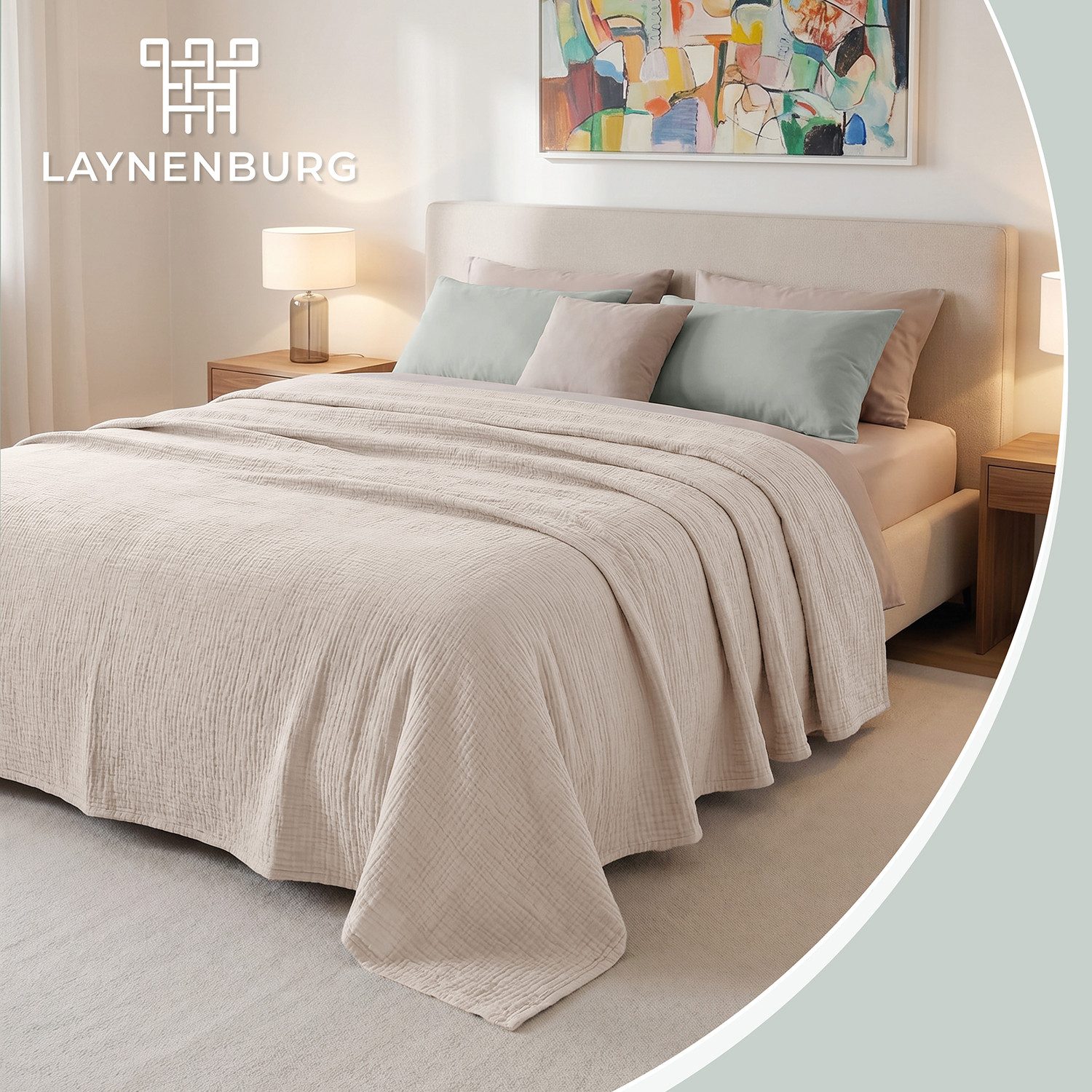 Laynenburg Tagesdecke Musselin aus 100% Baumwolle – Baumwolldecke, Kuscheldecke, Wohndecke als Sommerdecke, Bett-Überwurf, Couch-Überwurf, Sofa-Decke