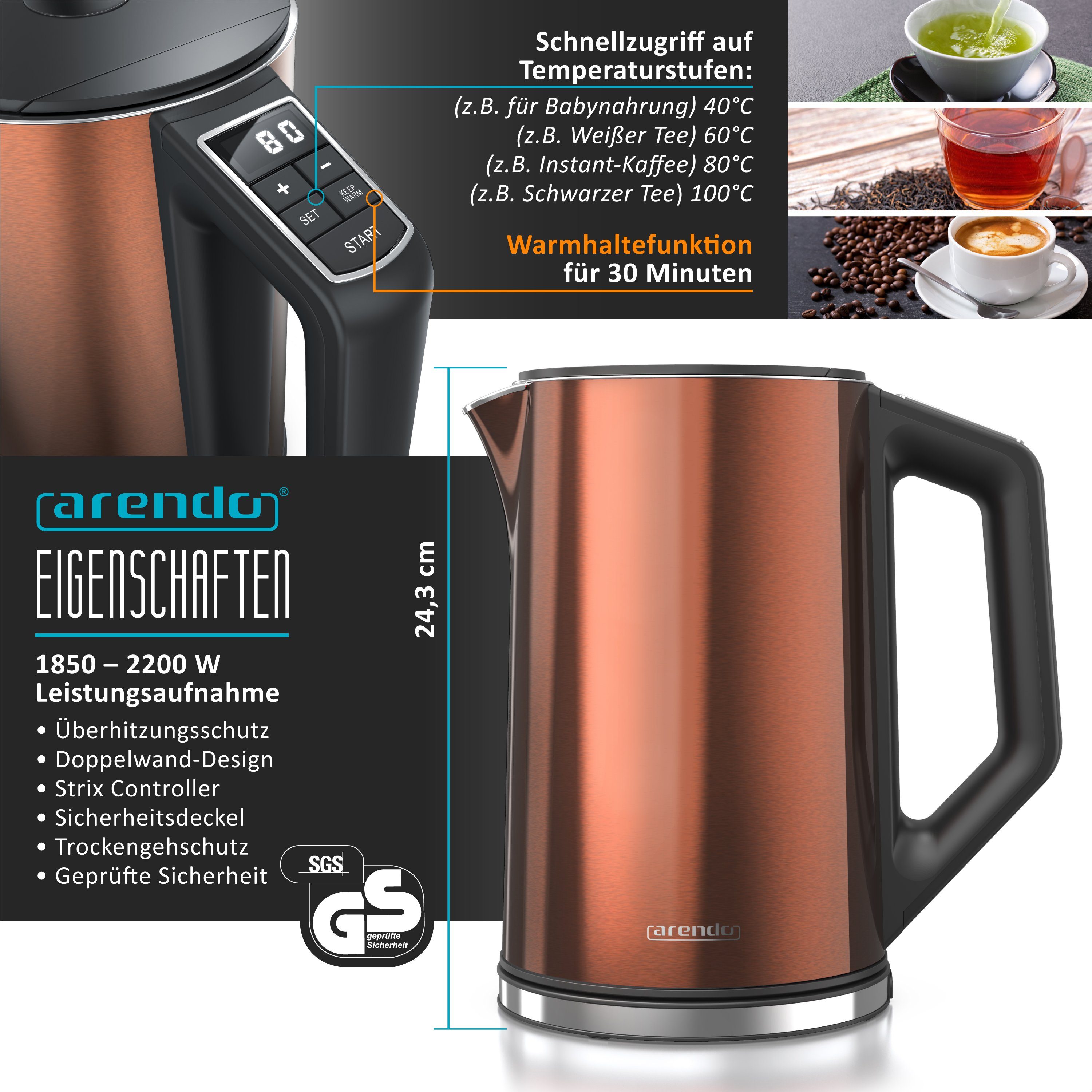 Arendo Frühstücks-Set Edelstahl Wasserkocher 1,5l, 4-Scheiben Langschlitz Toaster, Kupfer (2-tlg), BPA-frei, GS-geprüfte Sicherheit, perfekt fürs Familienfrühst – Bild 2 von 5