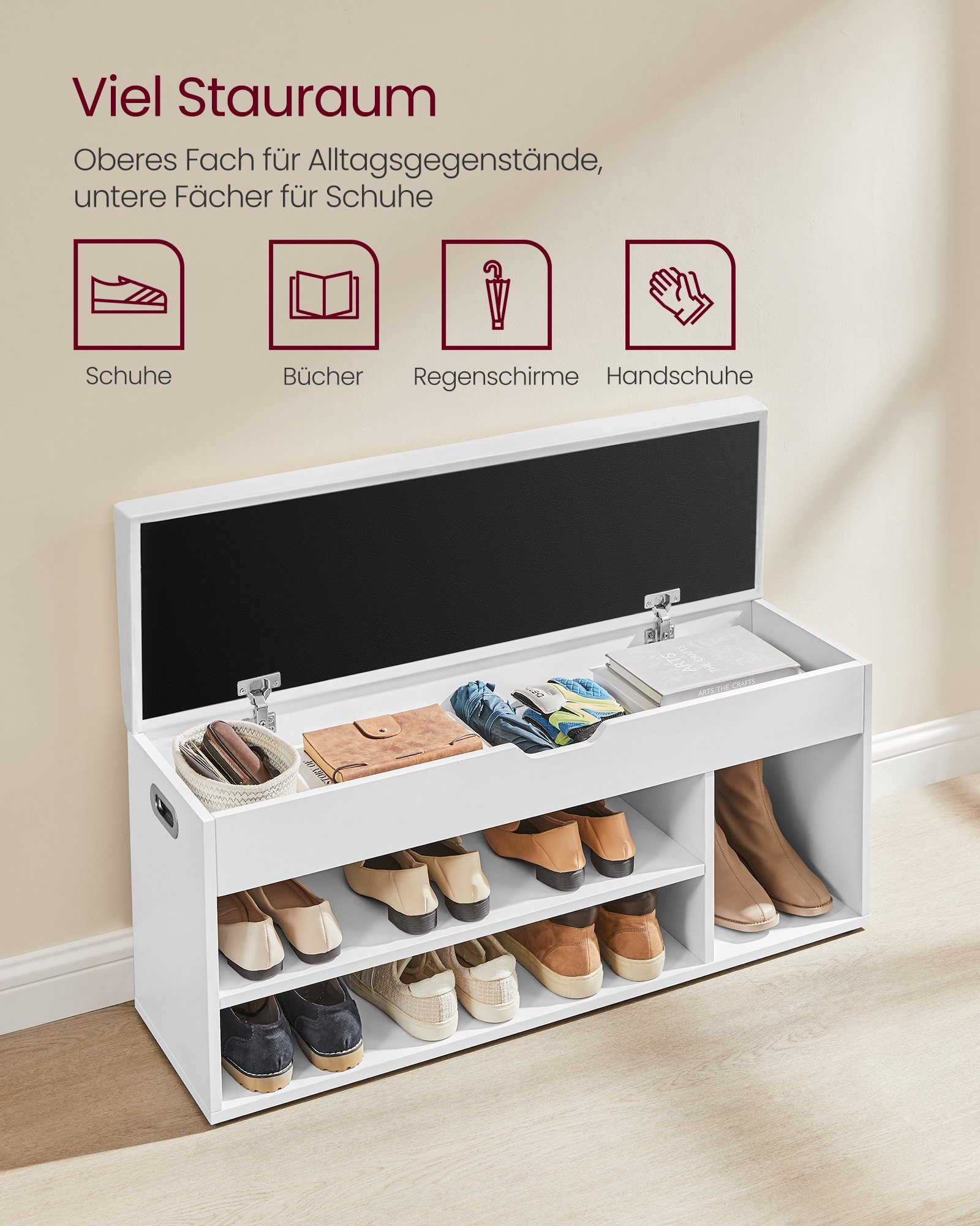 VASAGLE Schuhbank Sitzbank mit Stauraum, Schuhregal für Wohnzimmer, Flur, 30x100x44 cm (mit Sitzfläche, gepolstert), 3 offene Fächer, Fach unter Sitzkissen, bis 150 kg belastbar, weiß