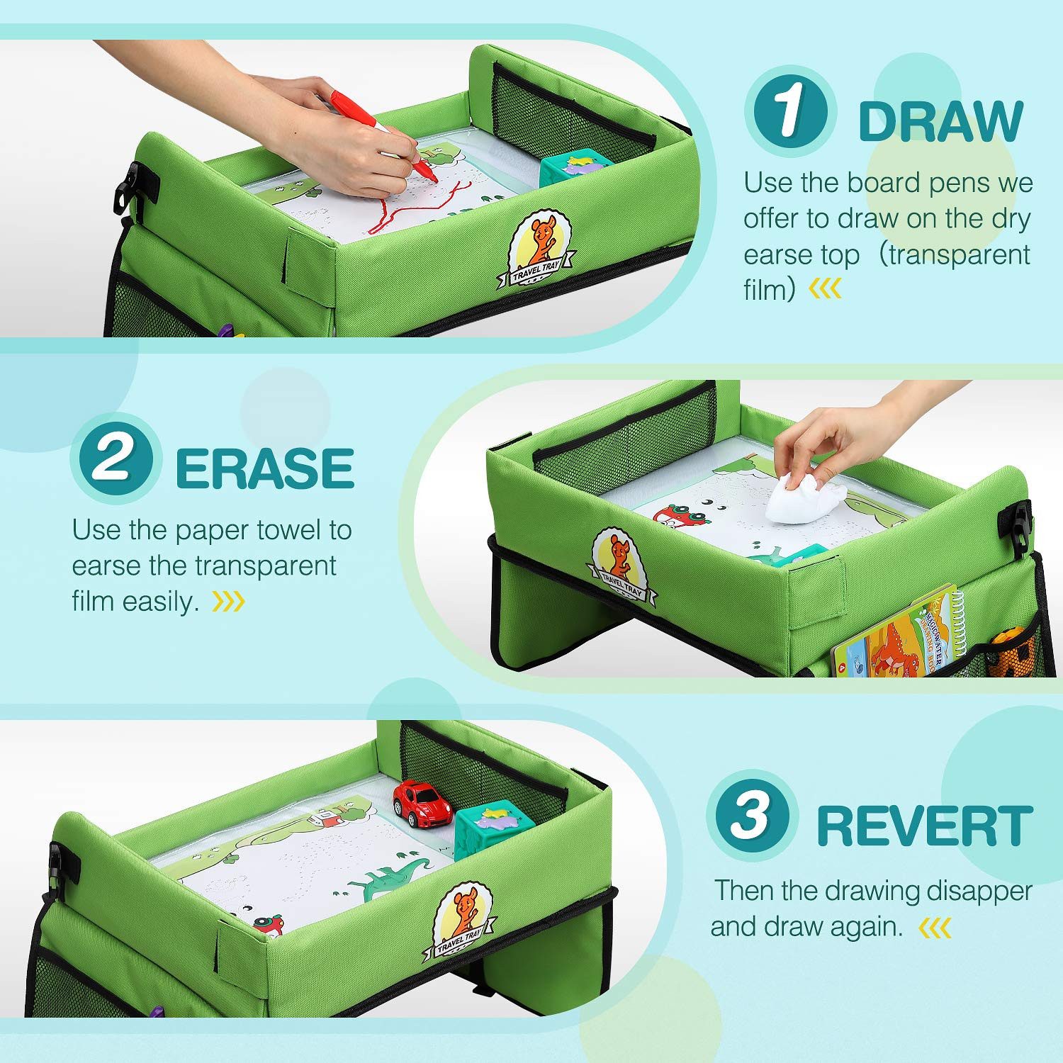 POPOLIC Spieltisch Reisetisch Auto Kinder, BeschäFtigung Autofahrt Kinder(Grün), (Spiele für Autofahrt Kinder, Reise Gadgets, Auto Organizer Kinder, 1-tlg), Auto Reise Spielzeug ab 3 Jahre, Geschenk ab 3 Jahre