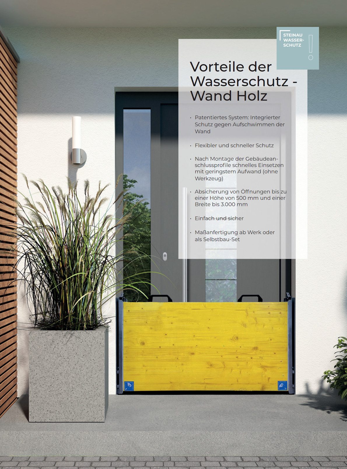 steinau Schutzwand Wasserschutz Wand aus Holz für Türen, Tore und Fenster - TÜV geprüft