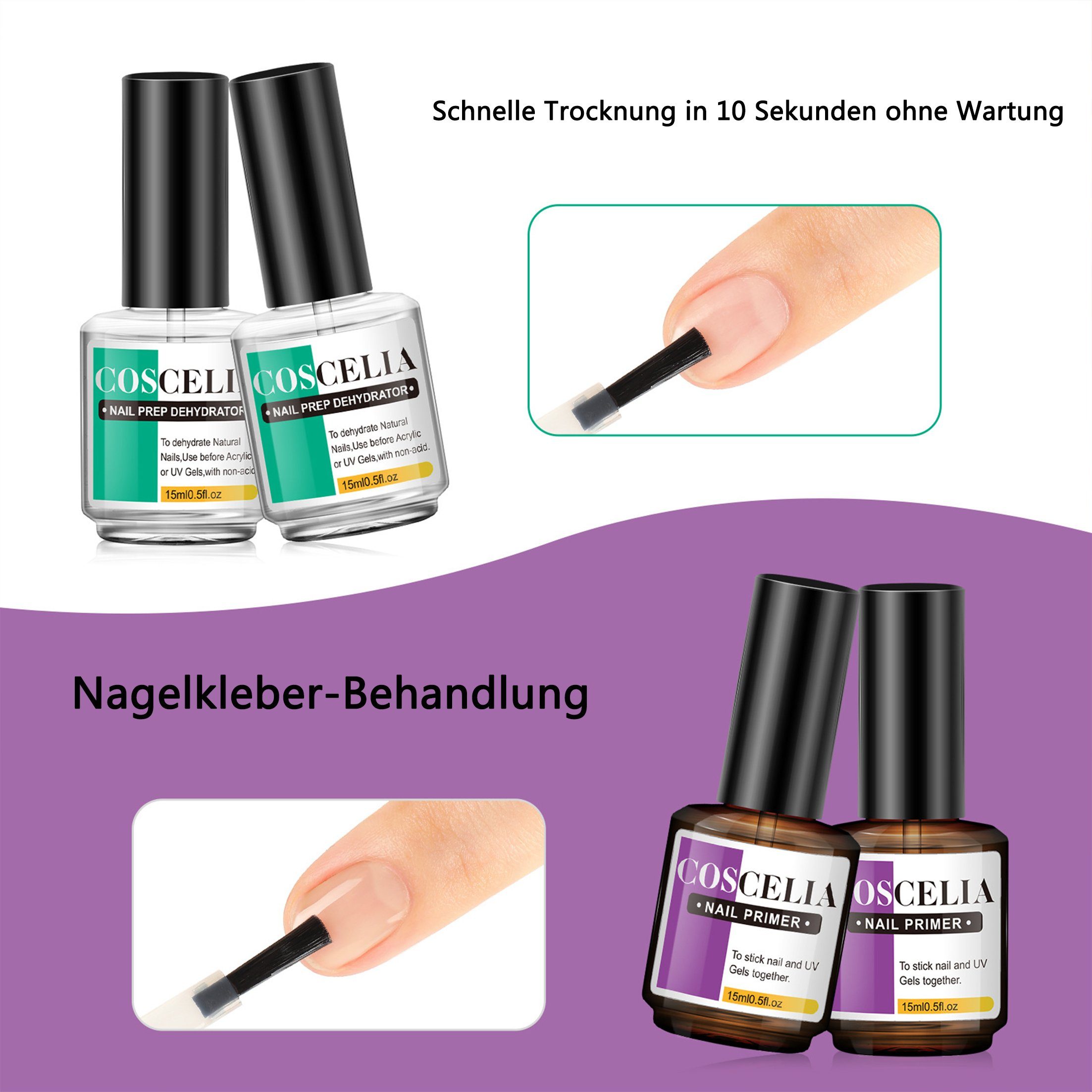 Verklebung,Nageltrockenmittel für Nagelkunst,15ml, Scheiffy Nagel-Dehydrator,Nagelkleber,Nagelbasis-Gel Nagelpflege-Set