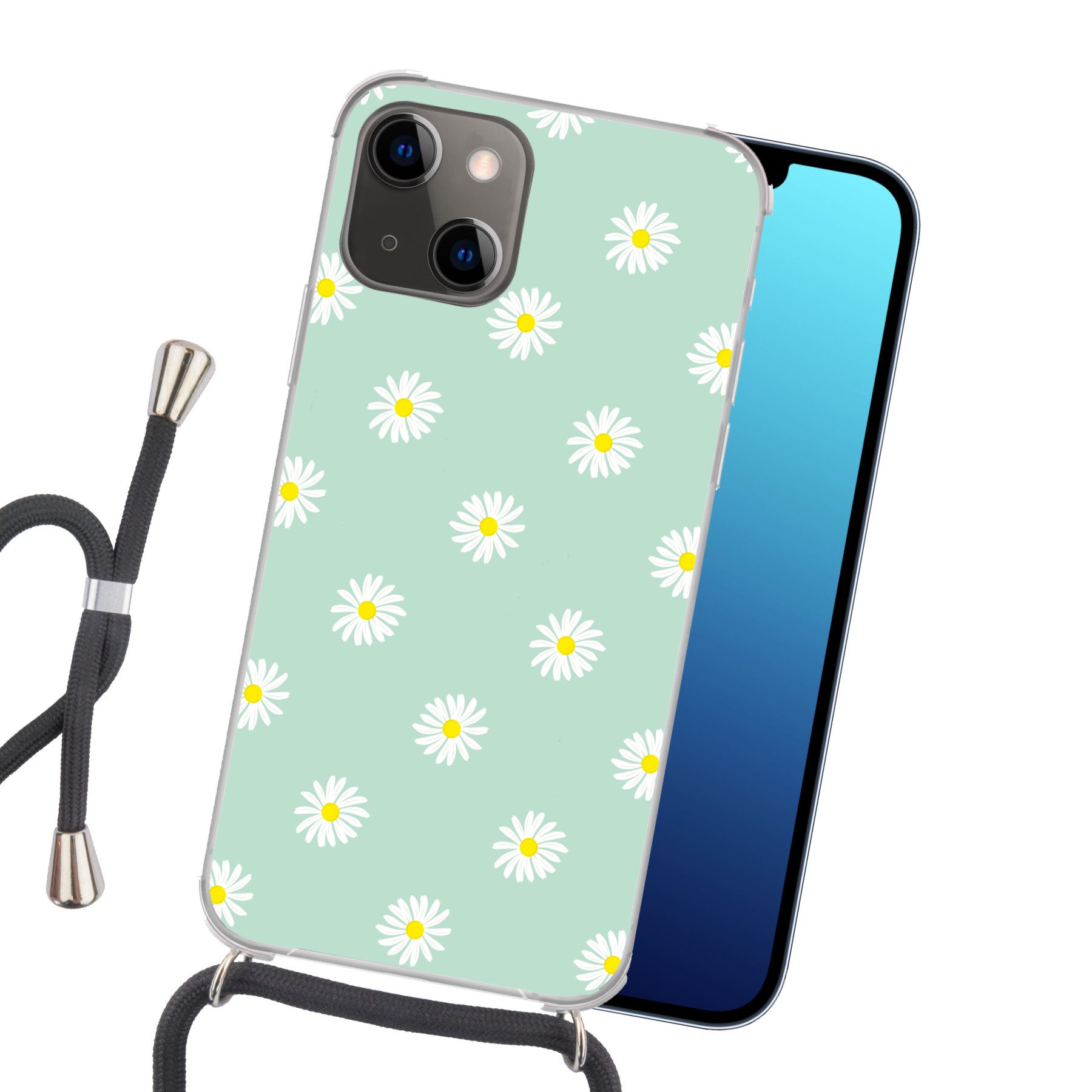 MuchoWow Handyhülle für Apple iPhone 13 Mini Gänseblümchen - Pastell - Weiß - Grün - Flora, Tragbare Handyhüllen mit Kette zum umhängen, Handykette Handyband