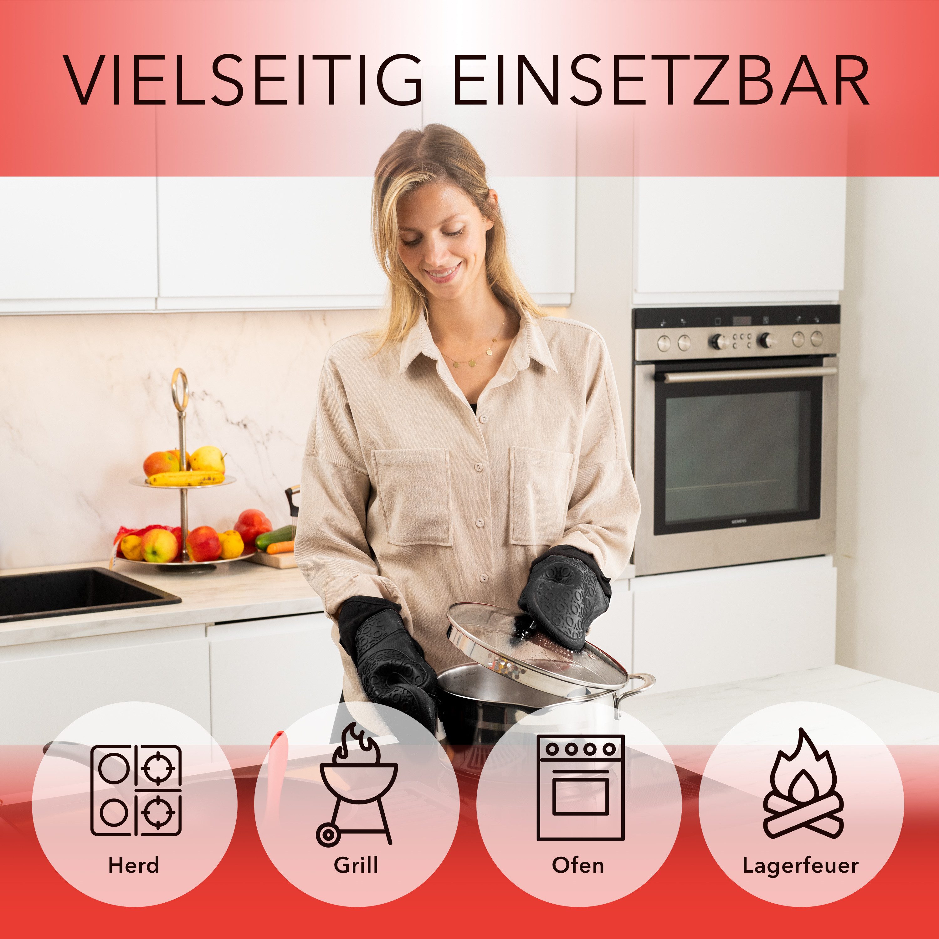 AVANA Topfhandschuhe Silikon Ofenhandschuhe Backhandschuhe Kochhandschuhe, (1 Paar Ofenhandschuhe aus Silikon), weiches Baumwoll-Innenfutter, Anti-Rutsch, Hitze – Bild 5 von 5