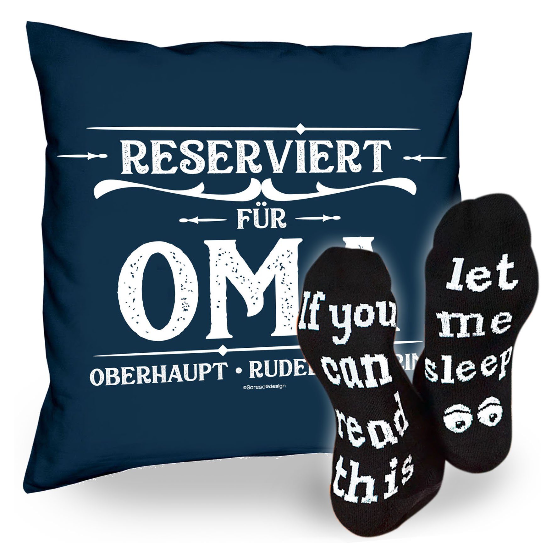 Socken Kissen Soreso® Weihnachtsgeschenk Sprüche navy-blau & Oma Sleep, Dekokissen Reserviert Geschenkidee für