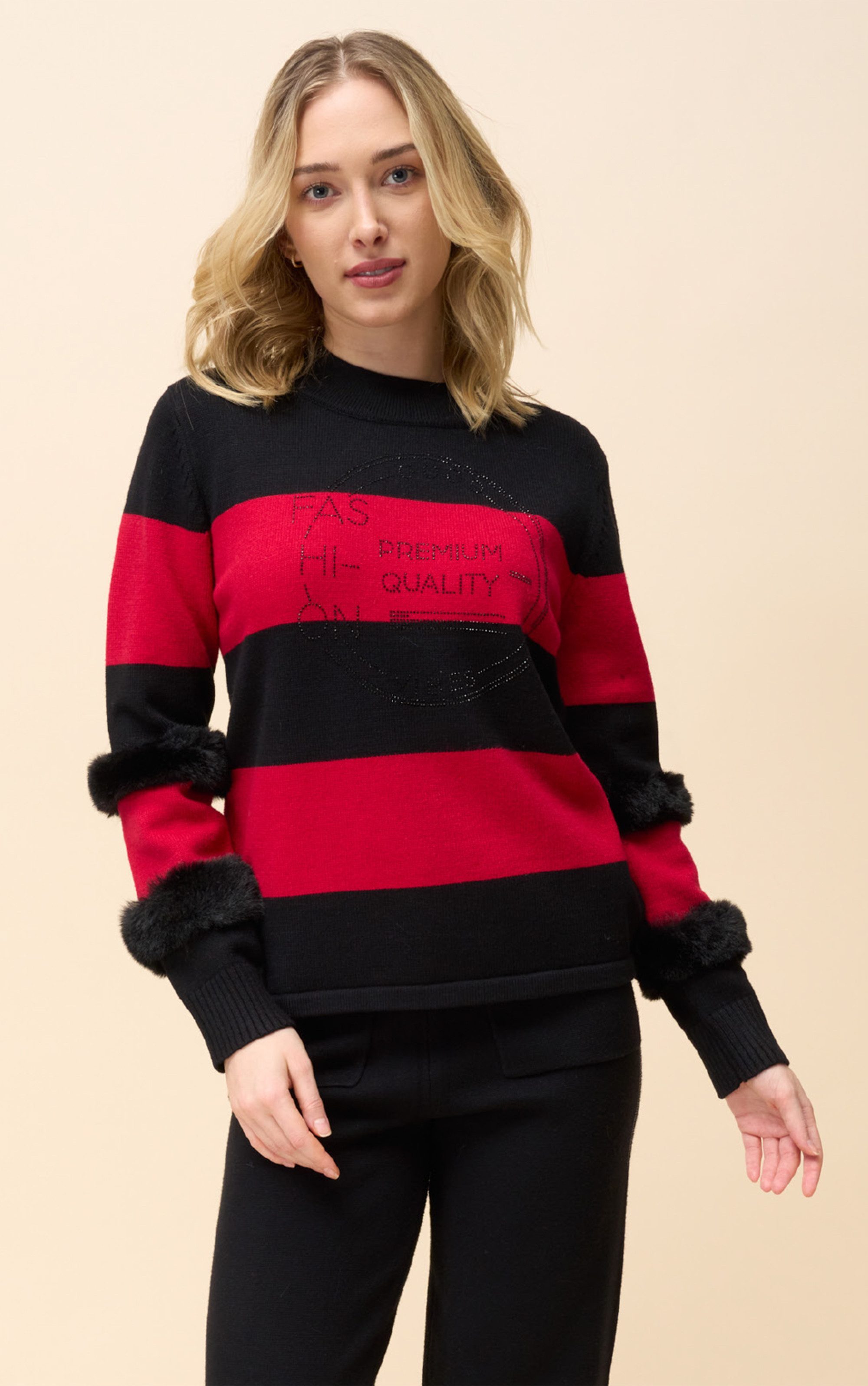 Passioni Strickpullover mit Kunstpelz- und Strassdetails günstig online kaufen