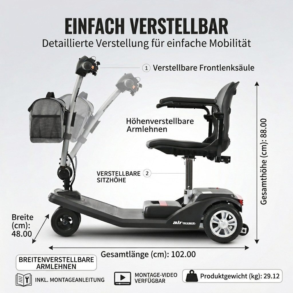 kowdom Elektromobil Elektromobil Senioren 6km/h 16km Lithium Alu faltbar USB 120kg, 250 W, (Einzelgerät, Einzelgerät), faltbar, flugzeugtauglich, Alu-Rahmen, 360° Sitz, USB, Anti-tip