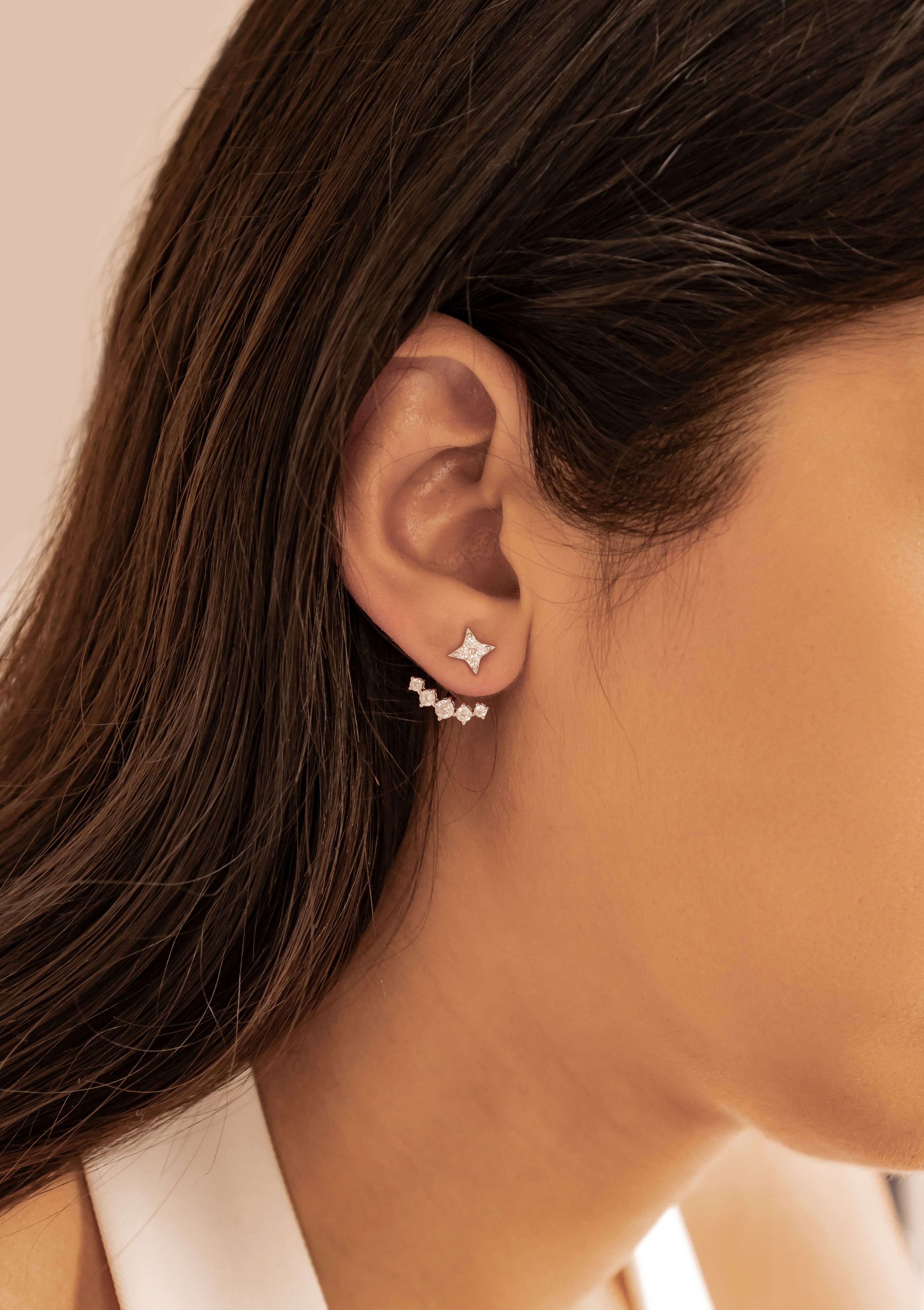 Hey Happiness Paar Ohrhänger Cosmic Kristall Stern, Ear Jacket Ohrringe Silber 925 für Damen, vergoldet