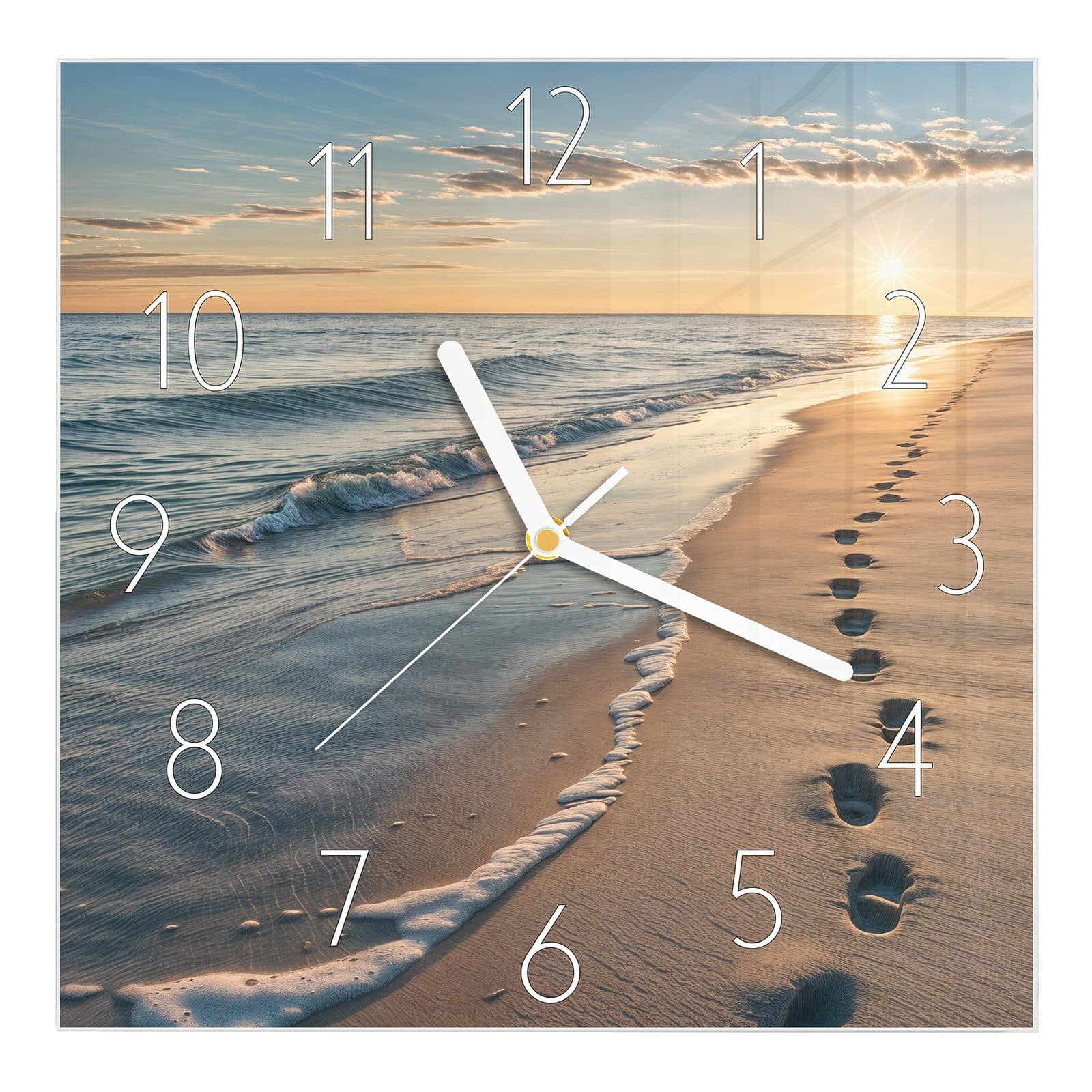 Wanduhr Glasuhr Wanduhr Wandkunst Größe 30 x 30 cm mit Motiv Strandspuren